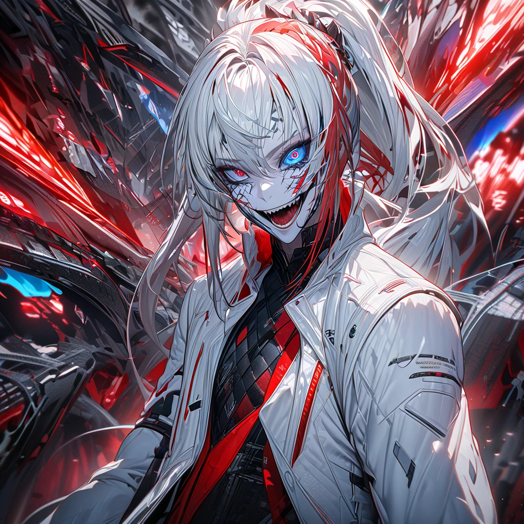 Wearing a white coat , Open the jacket ,  wearing a short black shirt ,  showing belly ,  wearing black leggings ,  big breasts ， Silver Hair, red bangs, Colorful hair,  blue eyes, Red Eyes, Multiple eyes ,  ponytail ,  eyes emit red and blue light,  crazy smile ,, Ultra HD , prime-work , Accurate ,  Anatomically correct  ,  Textured Skin  ,  superdetail ,  high quality  ,  is the best quality, 8K,  High Res, Bokeh effect. (  alone ),  close-up . _Grey_crow, alpha_crimson_Weaving，Abdominal muscles，Red arm on left hand ，scar，