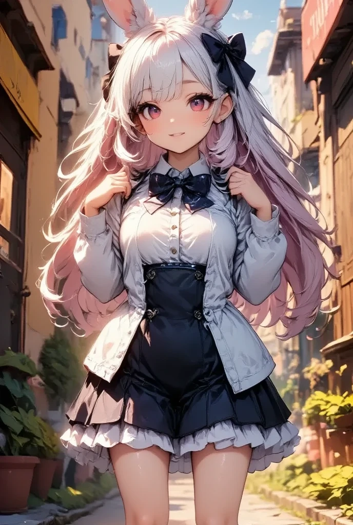 1girl, 彼女はRabbit Earsが生えた,  she's a cute high school girl , Rabbit Ears:1.3,  cream colored cardigan with extra sleeves,  white shirt ,  a ribbon with a design ,  mini skirt,  small breasts,  beautiful long silvery white hair ,  Healthy Thighs, Detailed depiction of thighs, Her beautiful,  her adorable eyes shine like jewels ,  dress, ((  Face Closeup  :1.4,  a nice pop smile ,  peace sign with both hands:1.45,  double piece:1.4, Perfectly shaped fingers:1.3)),  beautiful digital art ,  fast food restaurants, Inside the store, masterpiece, Best Quality,  Ultra High Definition,rich contrast,  great quality ,8k,  very detailed, Best Quality anime,Please redeem Deep Borderline 1 .2,  ultra-detailed eyes , Beautiful and glossy lips 