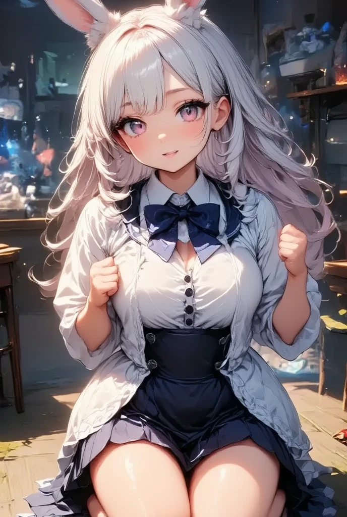 1girl, 彼女はRabbit Earsが生えた,  she's a cute high school girl , Rabbit Ears:1.3,  cream colored cardigan with extra sleeves,  white shirt ,  a ribbon with a design ,  mini skirt,  small breasts,  beautiful long silvery white hair ,  Healthy Thighs, Detailed depiction of thighs, Her beautiful,  her adorable eyes shine like jewels ,  dress, ((  Face Closeup  :1.4,  a nice pop smile ,  peace sign with both hands:1.45,  double piece:1.4, Perfectly shaped fingers:1.3)),  beautiful digital art ,  fast food restaurants, Inside the store, masterpiece, Best Quality,  Ultra High Definition,rich contrast,  great quality ,8k,  very detailed, Best Quality anime,Please redeem Deep Borderline 1 .2,  ultra-detailed eyes , Beautiful and glossy lips 