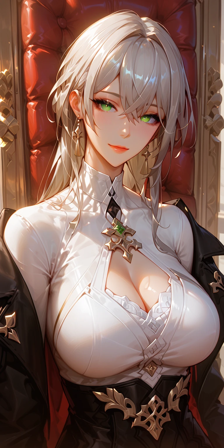 Score_9, Score_8_up, Score_7_up, Score_6_up, Score_5_up, Score_4_up, Source_anime, masterpiece, best quality, 1girl, silver hair, green eyes, kafka hair, bangs, mature woman, perfecteyes, curvaceous, large breasts, white shirt, black jacket, soft light, kafka, honkai star rail, ultra detailed, sitting elegantly, seductive face, upper body, home