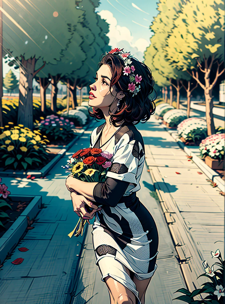  there is one in a red and white dress holding a bouquet,  in flowers, picking flowers, holding flowers, picking a flower,  Standing in a flower field ,   Standing in a flower field , flowers on your cheeks, ,  portrait of one in a flower field ,  Walking in the forest,  with flower head, SimpleNegativeV3