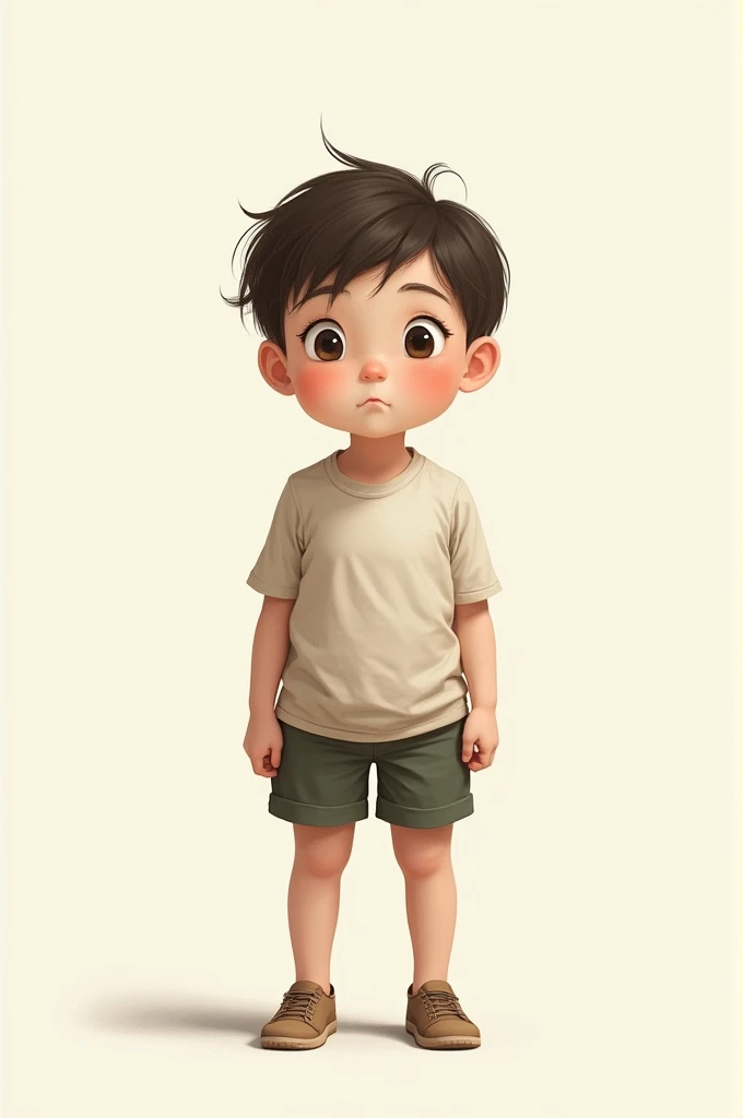 Image of a baby sitting with short black hair on the side, round eyes, a small spot on the side of the cheek, white shirt and military green pants and white all star