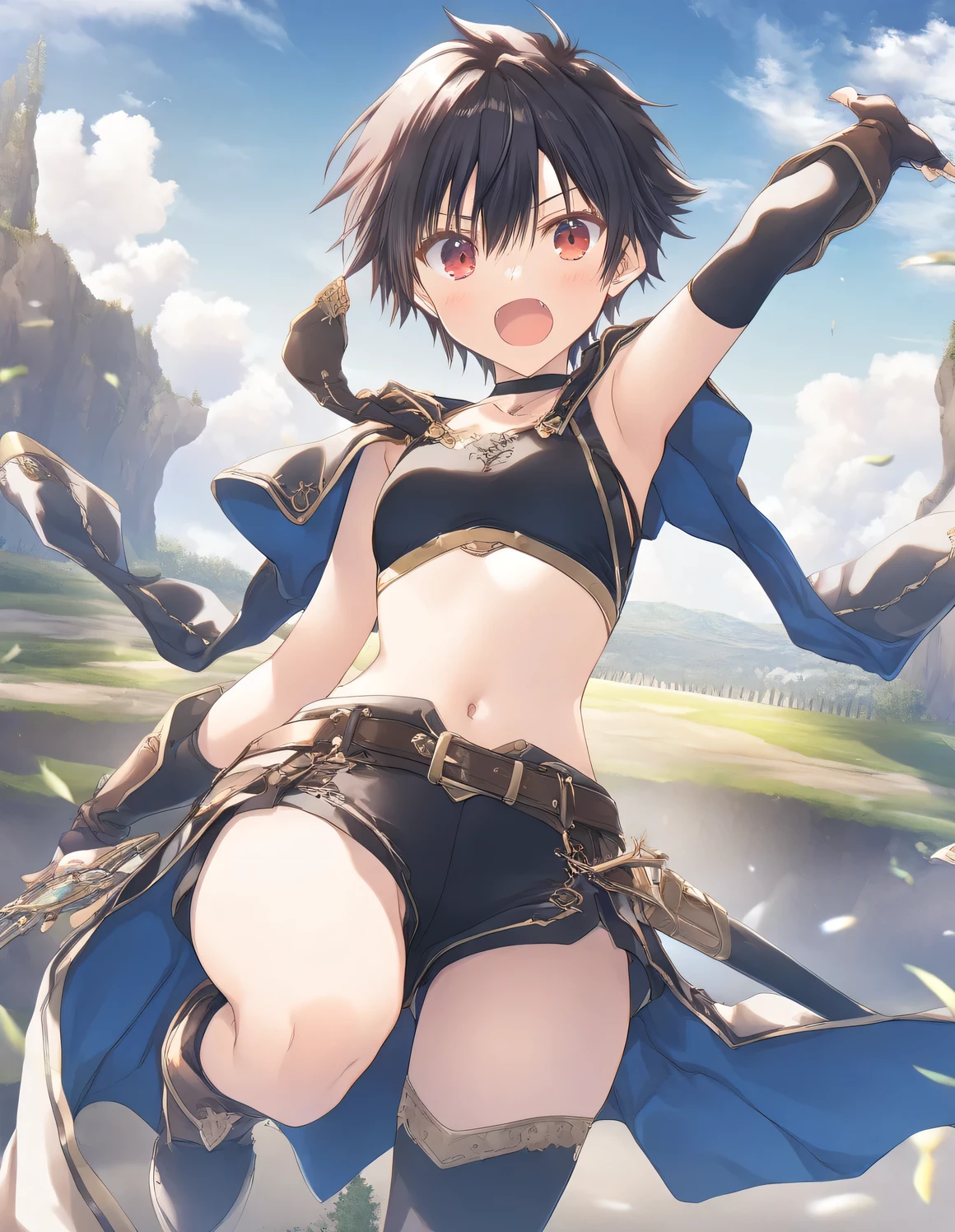 1girl, tomboy, little female, small breasts, open mouth, outdoors,wind, fantasy, game CG, break,((artist:mitsumi_misato)),(artist:fujiyama),(artist:suzumori),(masterpiece), (best quality), (ultra-detailed), very aesthetic, newest, beauty illustration,super detailed skin, (masterpiece), (best quality), (ultra-detailed), very aesthetic lighting,newest ,hi res,absurd_res,2023,shaded,digital media (artwork), realistic lighting, 4k, 8k, 