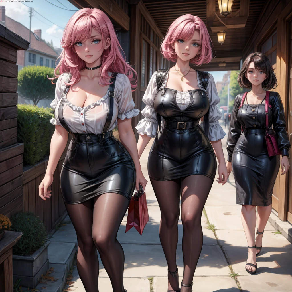 Two men and women talking,, Two people talking in the street, Are standing, Large Breasts, jewelry), Jacket, Harness, Thigh straps, Black thigh-high boots, (Layered skirt), mini skirt, corruption, Hollow Eyes, Half-closed eyes, Wicked Smile, No students, Grin, One girl, ((Mature Woman)), Mature Woman, Married women, Dark Theme, Dark person, Skin Dentition, Wide Hips, SFW