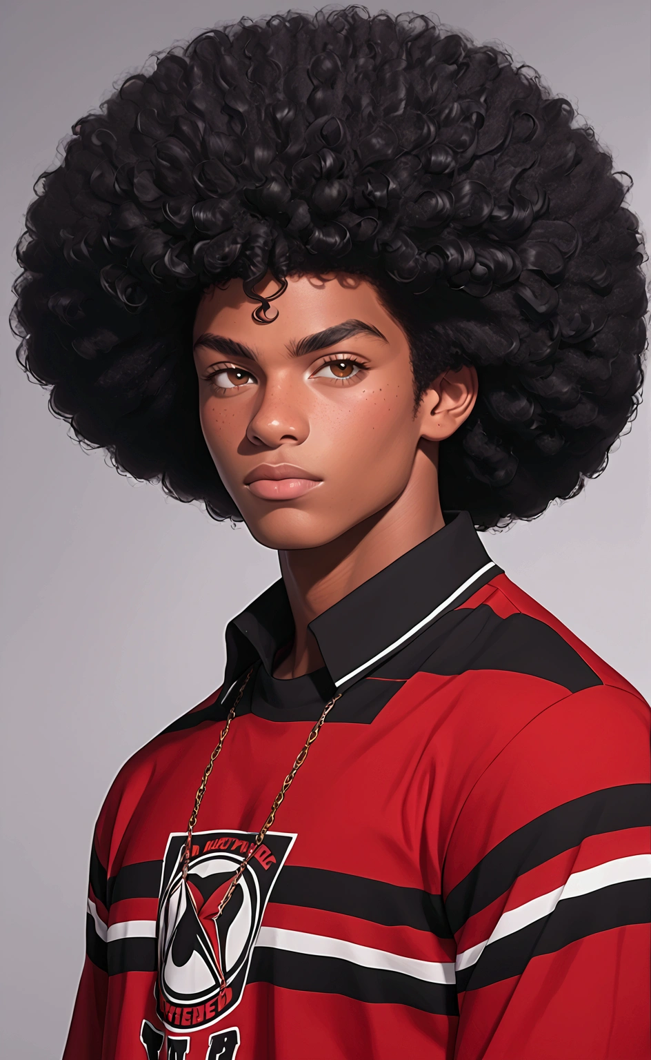 Masterpiece, best quality, {best quality}, {{masterpiece}}, {highres}, focus, anime style, a closeup arafed man with a black afro and a red and black shirt, a black man with long curly hair, in style of tyler mitchell, black man with afro hair, with afro, black teenage boy, photo in style of tyler mitchell, red afro, long afro hair, curly afro, afro, big red afro, 2 5 - year - old boy thin face