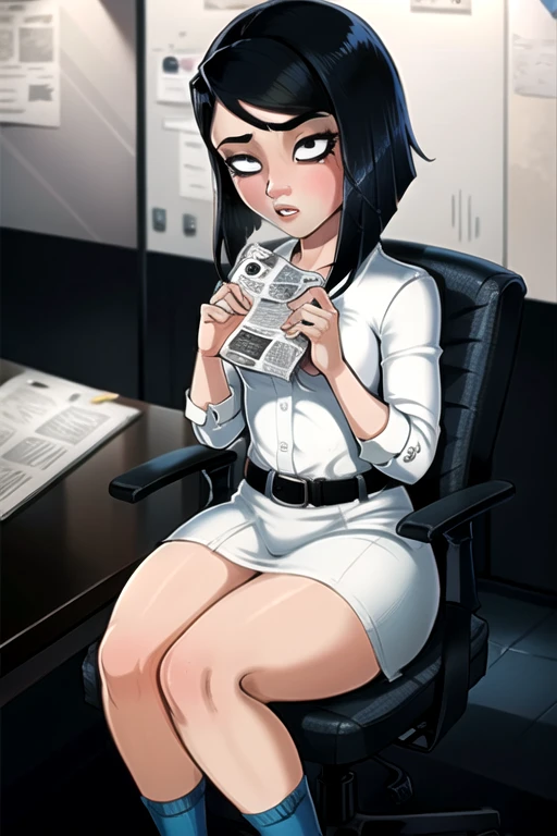 1 girl working in office, best quality, masterpiece, newspaper, bob cut,5 fingers, shadbase, 