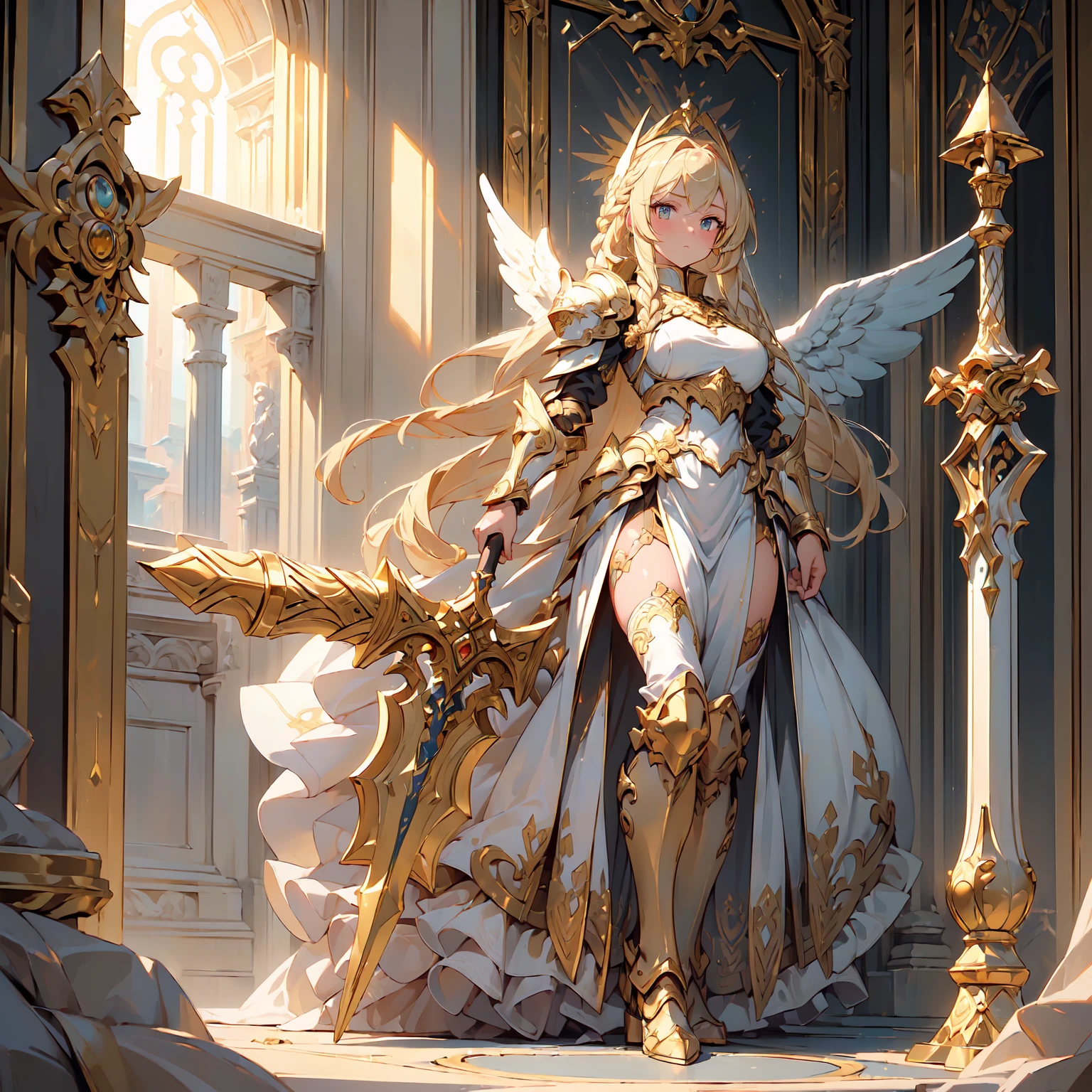 (((masterpiece))) (((highest quality))) (((16k resolution))) Queen in power armor, (gothic style), (full body shot 1.2), bellybutton, The most beautiful and sexy angel goddess, with long light brown hair, and glowing blue eyes, wearing intricate white gothic battle armor, angel wings, standing majestically in front of a gothic castle. ((perfect illumination)), a radiant glowing aura surrounds her, highlighting her divine presence and ethereal beauty, as she stands ready to defend her realm. The intricate details of her armor shimmer under the moonlight, and her angelic wings spread wide, casting an awe-inspiring shadow. Her glowing blue eyes exude both kindness and immense power, making her the epitome of grace and strength.