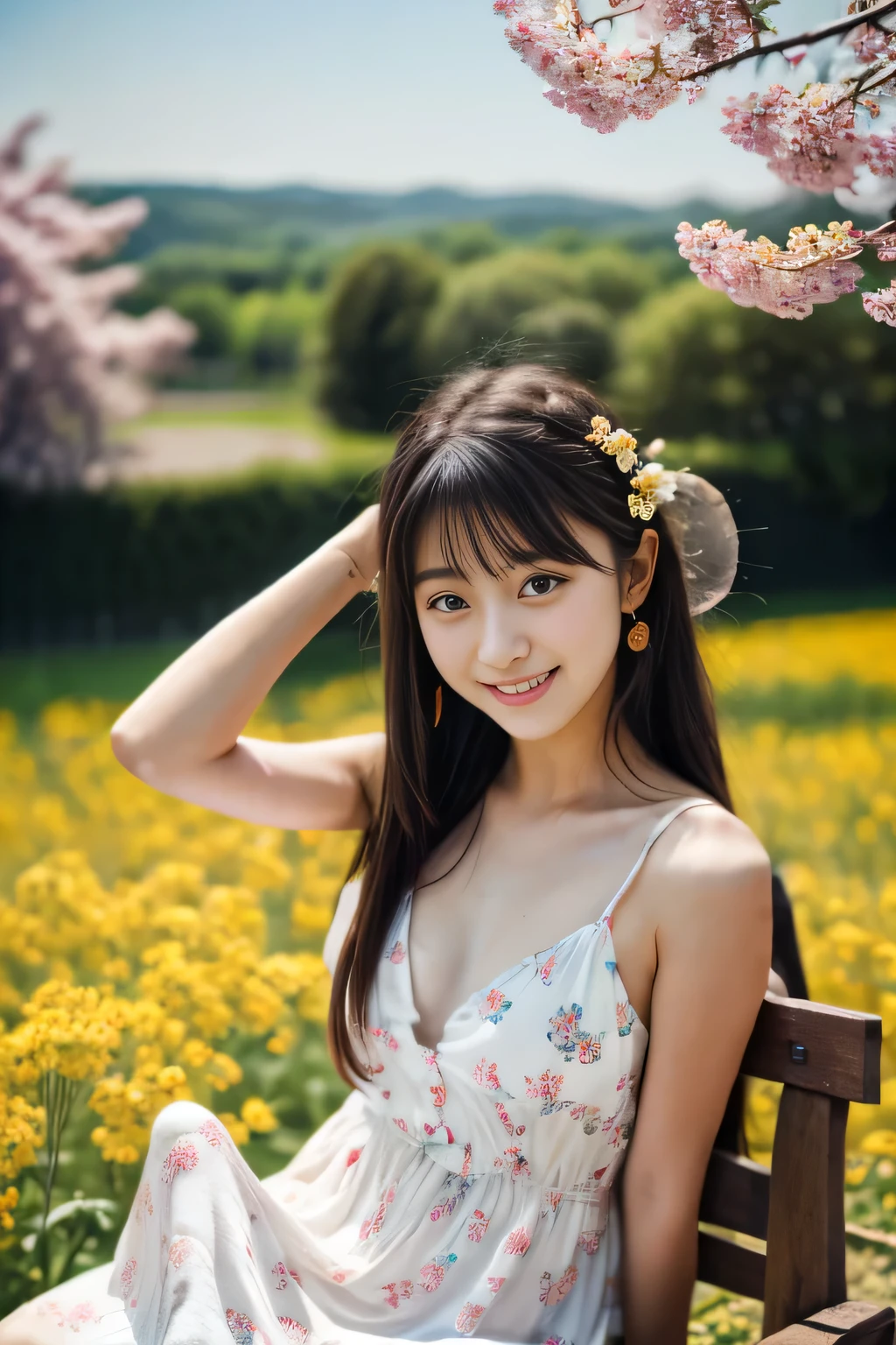 (((unity 32k wallpaper,Raw photo,At 32K、Super highest resolution、Super best image quality、super highest quality、32K resolution、photorealistic1.5、Sharpest image quality、clear image、マスターmasterpiece、People photography:1.photorealistic, masterpiece: 1.hotorealistic、sharp focus、high definition,An illustration、Super fine、Fine、perfect dynamic composition、))),受賞歴のあるAn illustration、(intricate details: 1.2)、(Delicate details)、(cinematic light、bloom、sunshine、ray tracing、detailed shadows)、clear lines、sharp focus、official art、incredibly absurd、huge file size、Super detailed、very detailed、very delicate and beautiful、RAW photo、light shines on your face、Depth of bounds written、solo focus、(Wind:1.1)、1 girl、smile、(Standing position:1.2)、(big breasts、cleavage)、(detailed face、beautiful eyes、beautiful detailed lips、long eyelashes、realistic skin、white skin、delicate skin texture、long hair)、small earrings、pendant))、((null、grassland、sea of flowers))、pureerosface_v1、ulzzang-6500-v1.1、(((squat、smile、picking flowers)))