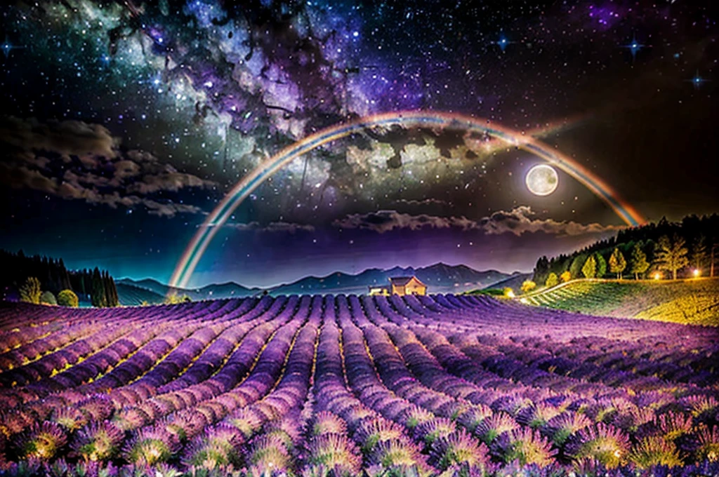  Expansive Landscape Photos , (Sky seen from below and nature below ),  Lawyer standing in a field of flowers and looking up , (full moon: 1.2), ( shooting stars: 0.9), (nebula: 1.3), Distant Mountain,  tree break production art , (Warm light source: 1.2), (Firefly: 1.2), lamp, purple and orange ,  complicated details,  VOLUME LIGHTING BREAK (masterpiece: 1.2), (Best Quality ), 4K, Super detailed, (  dynamic configuration : 1.4),  High Definition Colorful Details  (Rainbow: 1.2), (Sparkling Lights,  Ambient Lights ), Dreamy, Magical, (Alone: 1.2)、(Lavender Fields:1.5)、