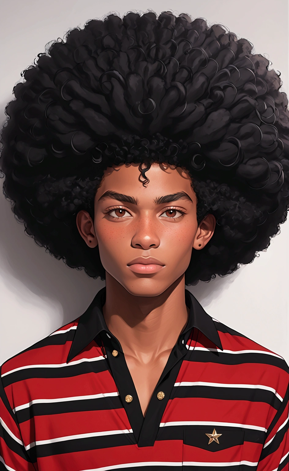 Masterpiece, best quality, {best quality}, {{masterpiece}}, {highres}, focus, anime style, a closeup arafed man with a black afro and a red and black shirt, medium sized afro, a black man with long curly hair, in style of tyler mitchell, black man with afro hair, with afro, black teenage boy, photo in style of tyler mitchell, red afro, long afro hair, curly afro, afro, big red afro, 2 5 - year - old boy thin face