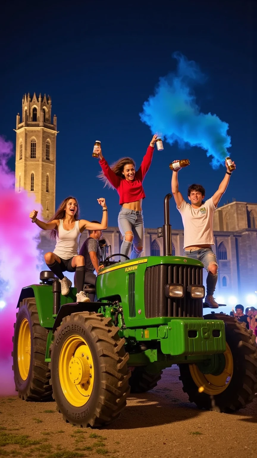 A dynamic night scene captures young people in full party mode, dancing exuberantly atop a green John Deere tractor. Their movements are wild and energetic - some with arms raised high, others jumping mid-air, all with huge smiles and expressions of pure euphoria. Beer bottles and cups are held high in their hands, some clinking them together in celebration as they dance.
Colorful smoke swirls around the scene, creating an ethereal atmosphere - perhaps bursts of pink, blue, and purple smoke bombs adding to the party vibe. The smoke catches the various colored lights in the night sky, creating a dreamy, festival-like environment around the tractor and dancers.
The revelers are dressed in casual, contemporary clothing - ripped jeans, crop tops, oversized t-shirts, sneakers, and hoodies, some clothes slightly disheveled from the intense dancing. Their body language is uninhibited and carefree, capturing the peak moment of a celebration.
Behind this energetic scene, the majestic silhouette of the Seu Vella Cathedral stands against the dark sky, its architectural beauty creating a striking contrast with the modern party scene. The cathedral is partially veiled by the swirling smoke, adding to the dreamlike quality of the scene.
Key elements to emphasize:

Exuberant, uninhibited dancing poses
Beer bottles and cups held high in celebration
Swirling colored smoke effects creating atmosphere
Genuine expressions of joy and excitement
Contemporary casual fashion in motion
The iconic green John Deere tractor as their party platform
Dynamic lighting through smoke and night sky
The grand Seu Vella Cathedral in the background
Multiple light sources creating a festival atmosphere

The overall mood should capture that perfect moment of collective joy and celebration, with the smoke and lights adding a magical quality to this spontaneous party scene.