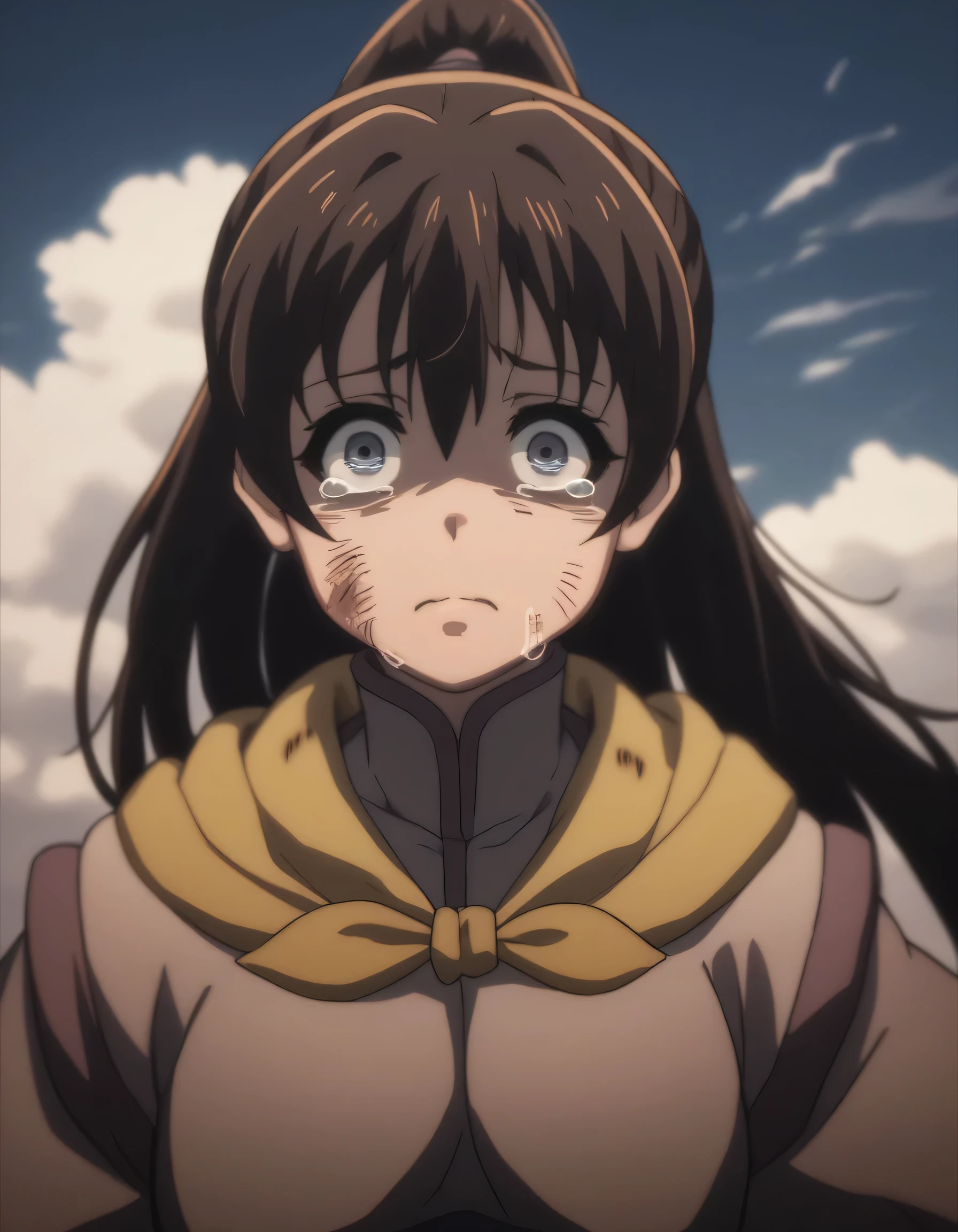 score_9, score_8_up, score_7_up, gsfghtr, ((long straight hair:1.0)), multicolored robe, neckerchief, 1girl, bright, best lighting, crying, cry, puffy eyes, looking at viewer, (blue sky with cloud), cut wounds on face, kissed mark