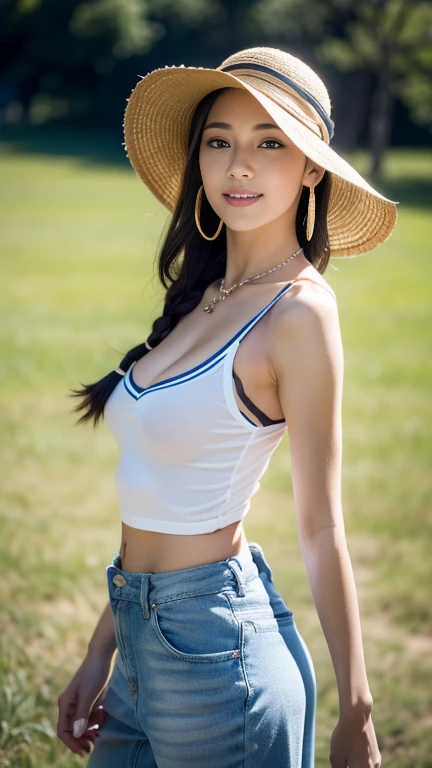 (((best super touching、super highest quality、32K、非常に詳細な CG Unity 32K wall紙、ticker、Raw photo 1.3、Very noisy々new image、Very noisy々new imageの品質、Photoreal 1.4、Highest quality 1.3、Super detailed 1.2, small details, High resolution, wall , perfect dynamic composition, masterpiece, surreal, 32K, real human being、)))、sexy farm girl with straw cowboy hat standing in a mountain valley, sunburned skin, long blonde hair, Cut-off jeans shorts, Athletic and healthy body, thin, frivolous, sexy, big , cleavage, Wet white tank top, sunset, dynamic、think back、