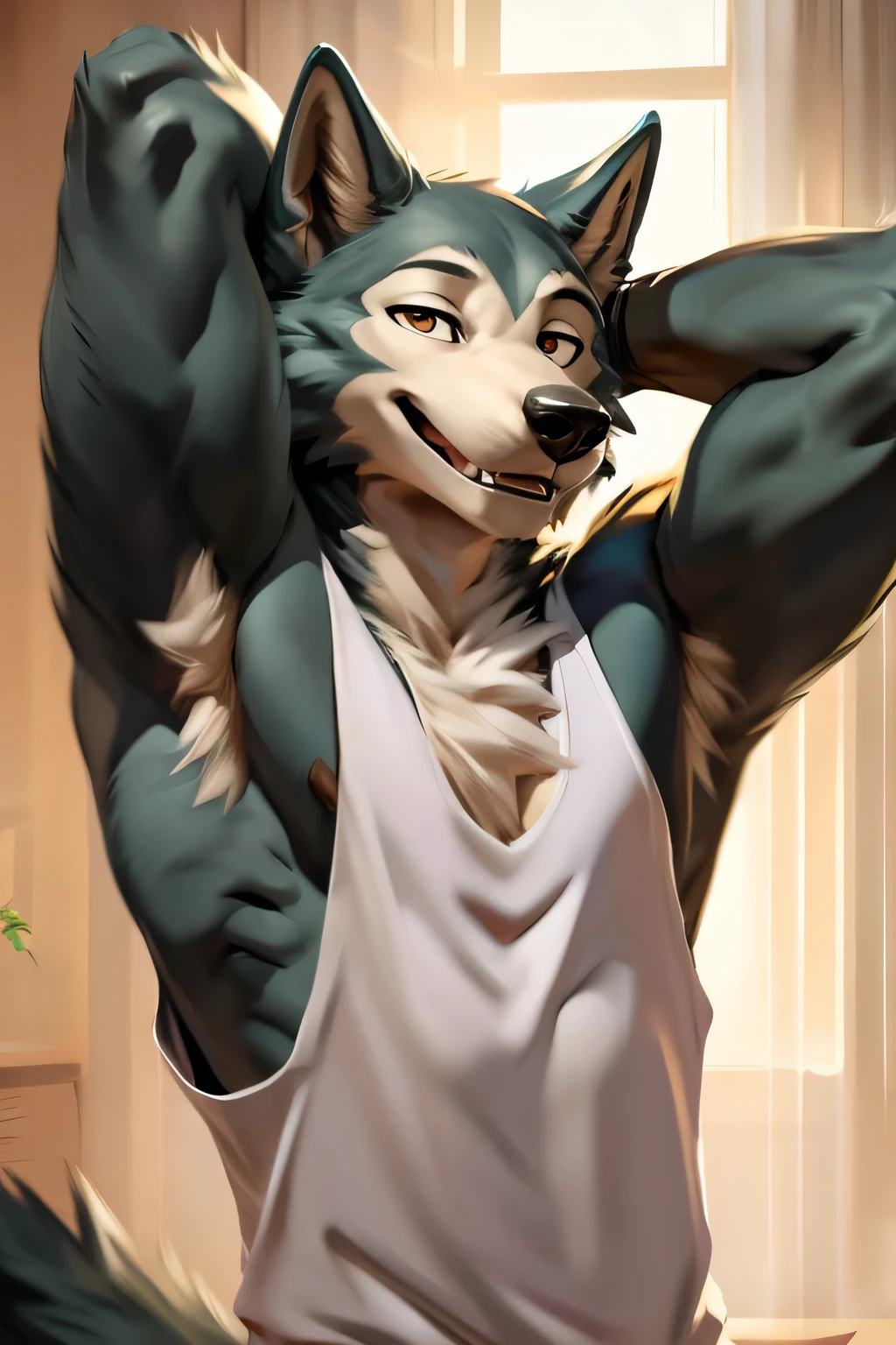 Male, wolf, legoshi, beastars, smile expression, , raised arm, showing armpit, , white sleeveless shirt, clsssroom by chunie