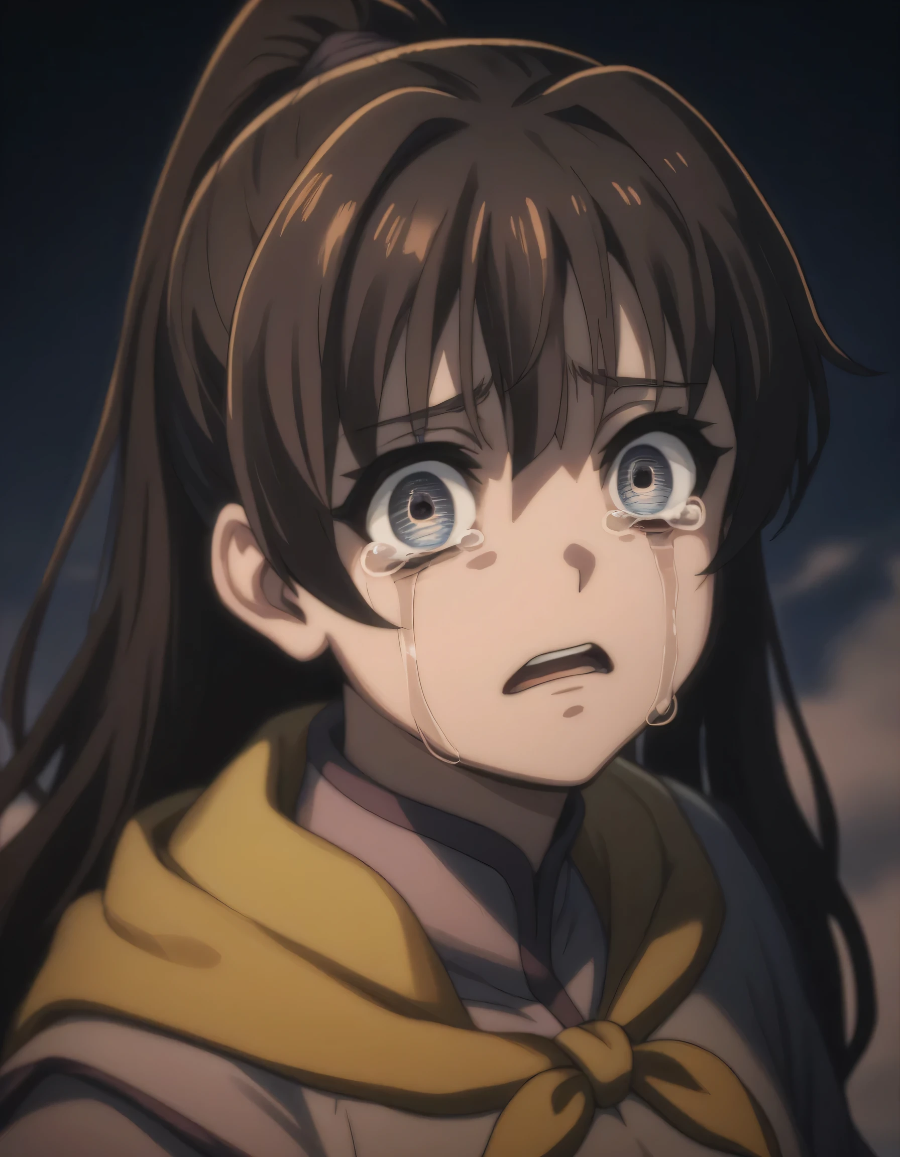 score_9, score_8_up, score_7_up, gsfghtr, multicolored robe, neckerchief, 1girl, bright, best lighting, crying, cry, puffy eyes, looking at viewer, blue sky