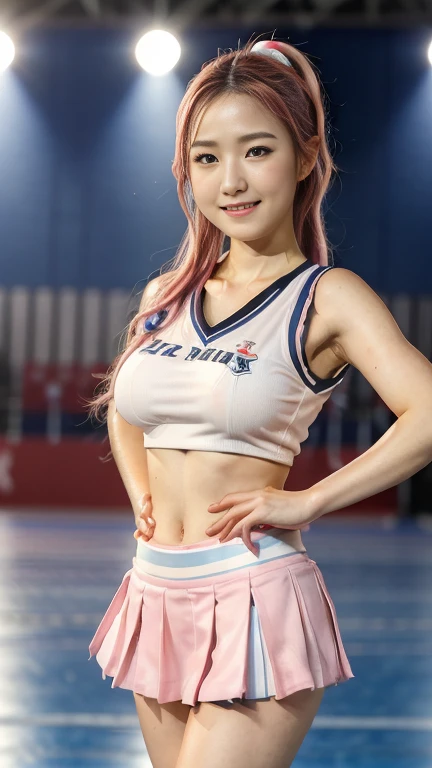 ((masterpiece, photorealistic, highest quality, ultra detailed, ultra high res, 16K)), honda hitomi, kpop, idol, japanese, (((super gigantic saggy breasts))), cleavage, plump, curvy, navel, midriff, pokies, pink hair, ponytail, cheerleader costume, ((cheerleader sleeveless top uniform, cheerleader low rise mini skirt uniform)), cheerleading, sweaty, wet, grin, ((background of indoor sports arena in korea)), (highly detailed realistic body, highly detailed beautiful face, realistic body, realistic face, stunning visuals, perfect anatomy, intricate detail)