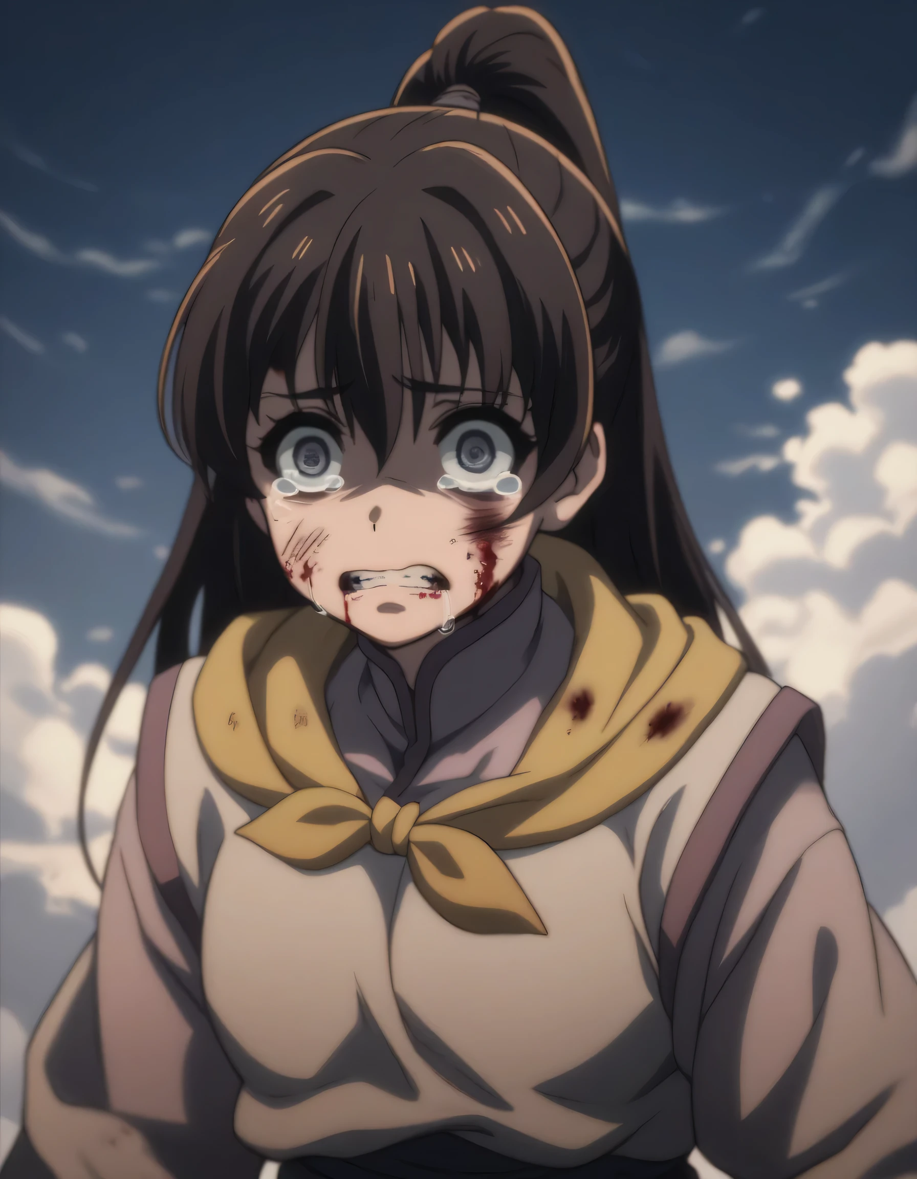 score_9, score_8_up, score_7_up, gsfghtr, ((long straight hair:1.0)), multicolored robe, neckerchief, 1girl, bright, best lighting, crying, cry, puffy eyes, looking at viewer, (blue sky with cloud), cut wounds on face, bloody face