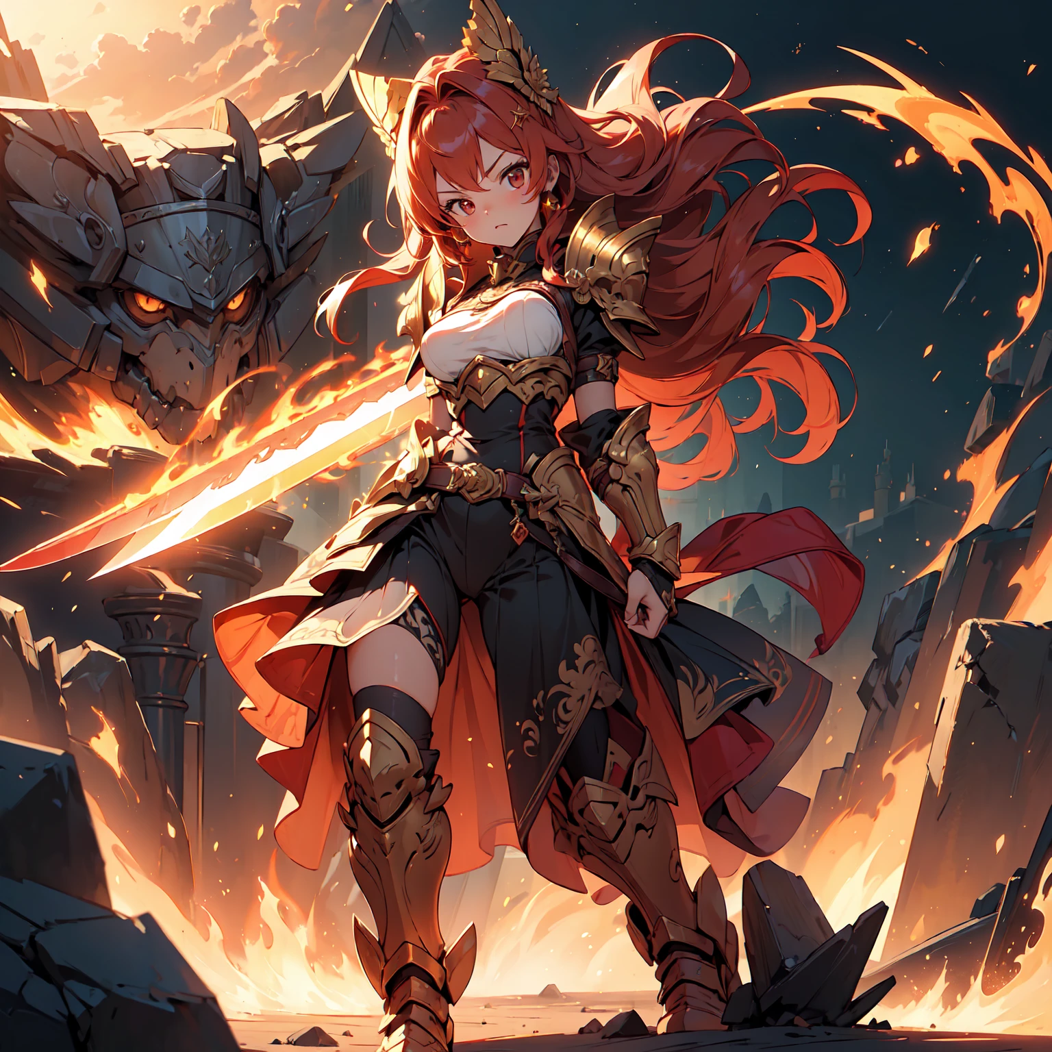 (((masterpiece, best quality, high detailed, 16k))) (1girl) A powerful female warrior with fiery red hair, clad in golden armor that shines like the sun. Flames flicker from her sword, and her expression is one of intense energy and passion. She commands the heat of summer, and the world around her glows with the warmth of the season. ((full body)), ((extremely detailed)).