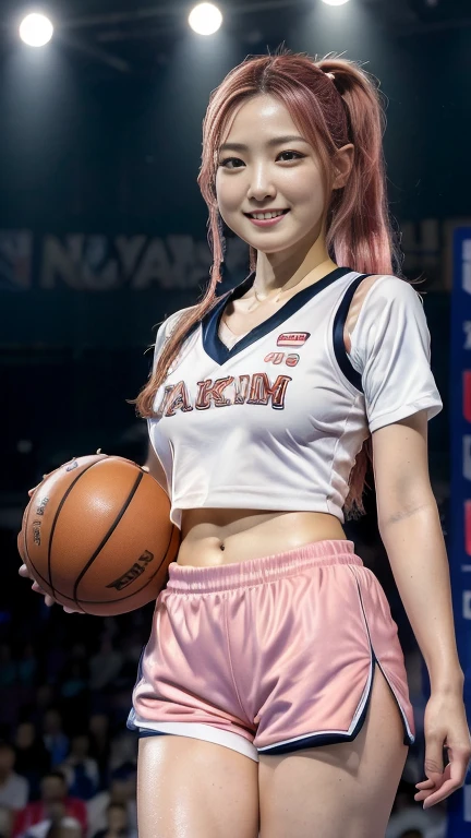 ((masterpiece, photorealistic, highest quality, ultra detailed, ultra high res, 16K)), honda hitomi, kpop, idol, japanese, (((super gigantic saggy breasts))), cleavage, plump, curvy, navel, midriff, pokies, (cameltoe), pink hair, ponytail, basketball uniform, ((basketball top uniform, basketball low rise short shorts uniform)), playing, sweaty, wet, grin, ((background of basketball arena in korea)), (highly detailed realistic body, highly detailed beautiful face, realistic body, realistic face, stunning visuals, perfect anatomy, intricate detail)