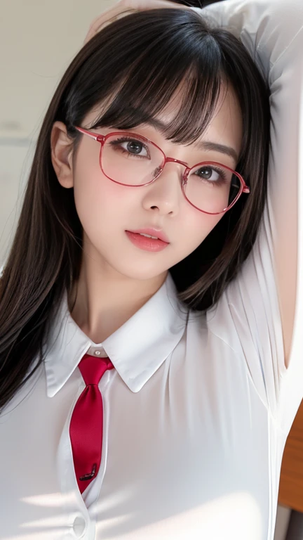 (A small chest:1.3),(Masterpiece, Best quality:1.4), (Beautiful, Aesthetic, Perfect, Delicate, Intricate:1.2),((Best quality)), ((Masterpiece)), (Detailed),(A high resolution:1.2), Classroom, An adult female, Smiling Claudia Chever, Red shirt, White skirt, Glasses, Bend over, angle of view,
