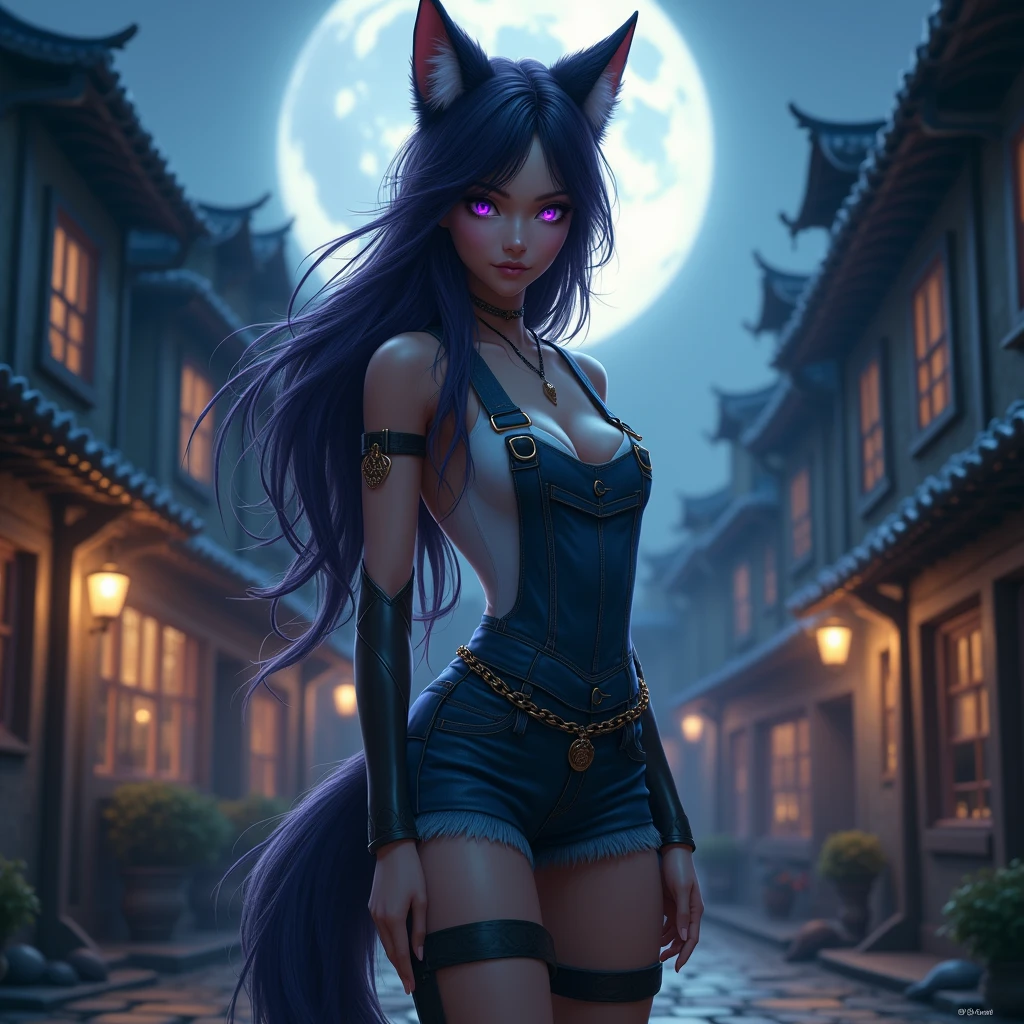 mature female, ninja, (shihouin yoruichi), purple hair, dark skin, yellow eyes, cat ears, small breasts, flat stomach, slim waist, large hips, thick thighs, on all fours, seductive face, dark wood background, moonlight, beautiful shadow and lighting, (jumping in front of the moon), mesmerising full moon