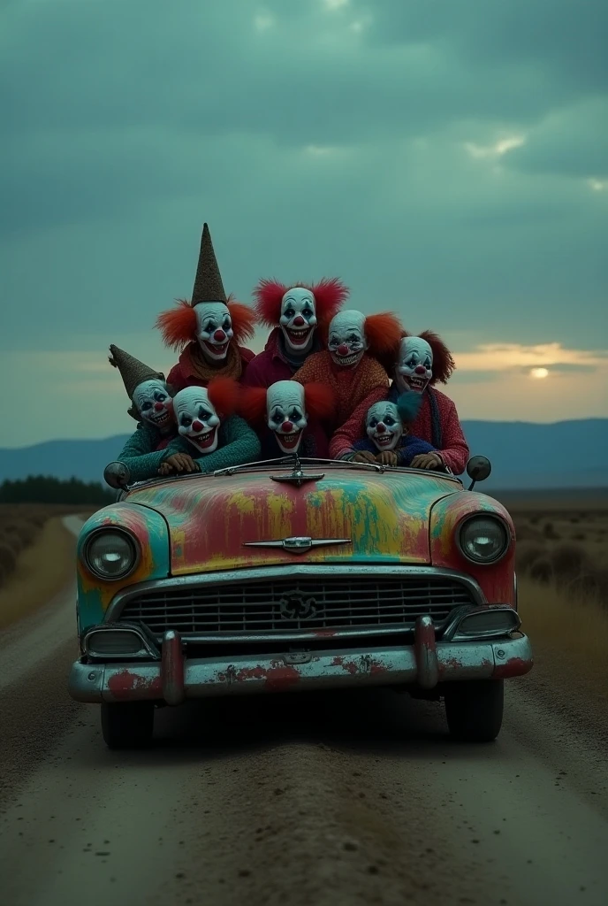 A van is filled with insane, terrifying clowns, both men and women, as well as some dressed as the Grim Reaper from the movie Scream (Panic). None of them have any blood on them. Some are sticking their heads out of the brand-new, spotless Mercedes van, as if they just stole it from a dealership. The van is angled slightly to the right as it drives, with one clown at the wheel, looking deranged. Some of the other clowns and Grim Reapers are holding drinks in their hands, creating a disturbing scene that instills panic in anyone who sees it