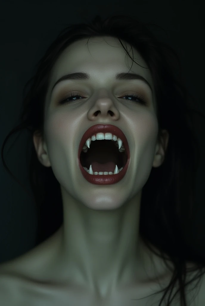 (masterpiece, top quality, best quality, official art, beautiful and aesthetic:1.2), (black and white:1.5), a pale Vampire girl with white skin, long hair flowing, black hair, ((open mouth, vampire teeth, angry face)), (((perfect vampire teeth))), oil painting:1.5, gloomy, holy, dark backgroound, black background, a dark shadow behind.