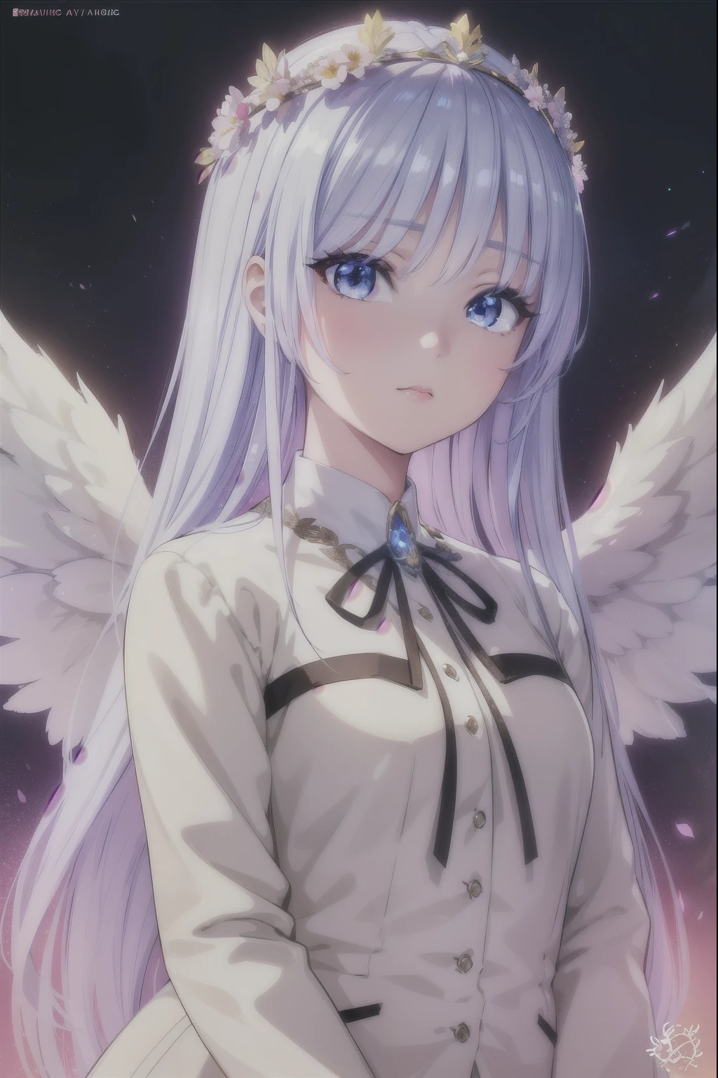 A beautiful young girl with blanco hair and angelic wings, highly detailed anime style illustration, 1girl, detailed facial features, long eyelashes, flower crown, elegant pose, cinematic lighting, vibrant colors, digital painting, masterpiece, photorealistic, 8k, best quality