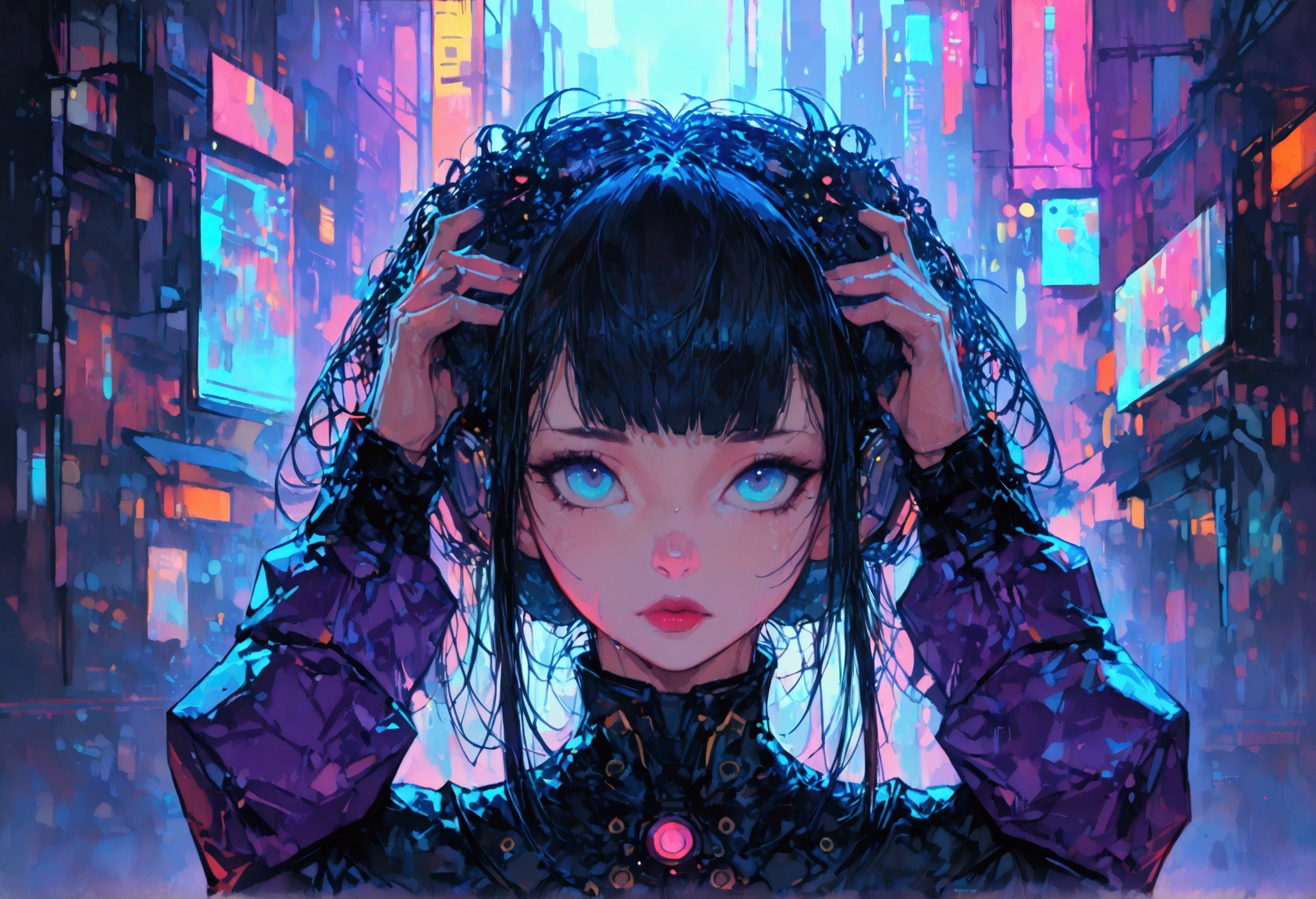 "Create a digital painting in cyberpunk style of a teenager with both hands on their head, looking distressed with countless thoughts racing through their mind. Facing the camera, wearing a purple jacket, and staring intently at the viewer, featuring (((intricate details))), (((best quality))), (((extremely detailed quality))), and (((complex composition)))." | Related artists: Josan Gonzalez, Beeple, Syd Mead