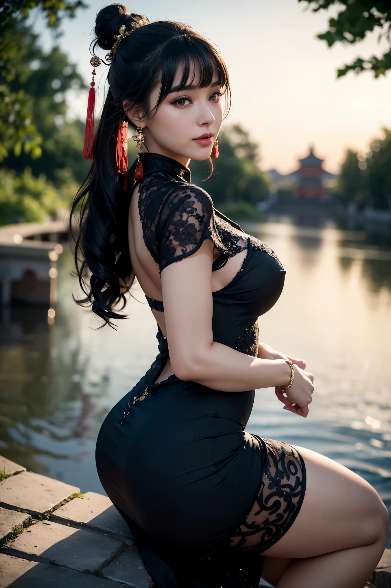 Top quality, 8k, 32k, Masterpiece, photo realistic, realistic, there's a woman wearing hijab in short dress kneeling on the sidewalk, curvy little loli, beautiful anime girl squatting, anime girl squatting, thicc, [4k digital art] !!, guweiz, loli in dress, 2b, sexy maid in enchanted forest, photorealistic anime girl rendering, professional make-up, very large breasted woman, Hot ass, (seductive pose), Sexy, beautiful white glowing face, pretty face, pink cheeks, beautiful lips, skin porcelain, intricate detail, super detailed, super high, supreme detail, high detail, delicate, stunning detail, fine detail, cinematic lighting, top quality, masterpiece, delicate and beautiful, CG , unity, 8k Wallpaper, Stunning, fine detail, unity Highly detailed wallpaper 8k CG, large file size, highly detailed, high resolution, amazing detail, stunning detail, depth of field, oil painting effect in Rembrandt art style, concept portrait art in Stanley Artgerm Lau style, WLOP, trending on Artstation , epic , trend in society, detailed digital painting, very high quality models.
