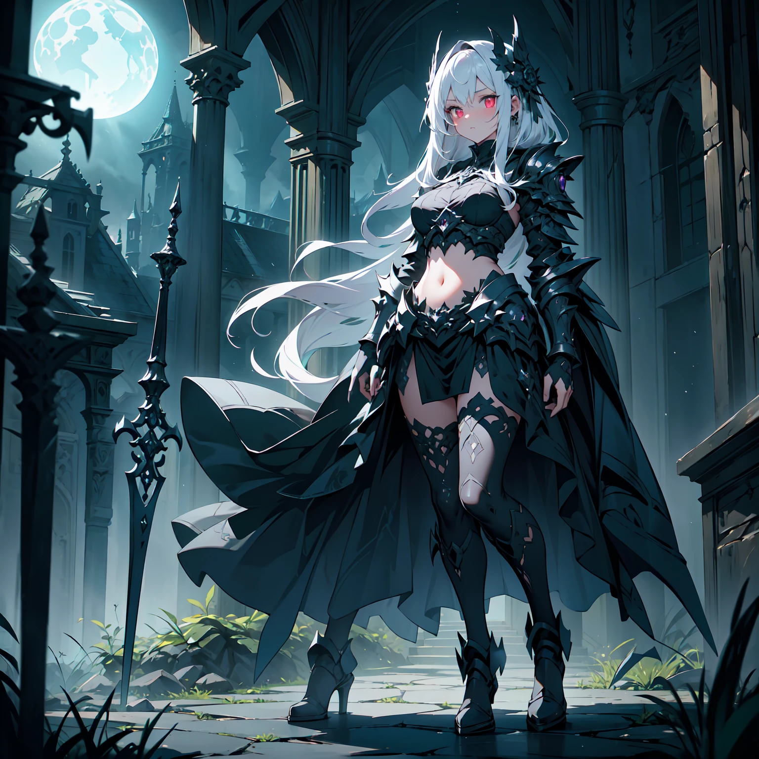A stunning artwork of a fierce demonic elf standing in a cursed forest. The full-body view showcases her in dark armor, exuding an aura of malevolent grace and unyielding power. Her long, flowing dark gray hair frames a face of eerie beauty, highlighted by red eyes that glow with otherworldly menace. She holds a cursed sword, intricately designed and radiating dark energy, adding to her formidable presence. The scenery around her is a twisted, shadowy forest with gnarled trees and glowing red eyes peering from the darkness. Mist and sinister shadows enhance the ominous atmosphere, creating a scene of haunting dread.