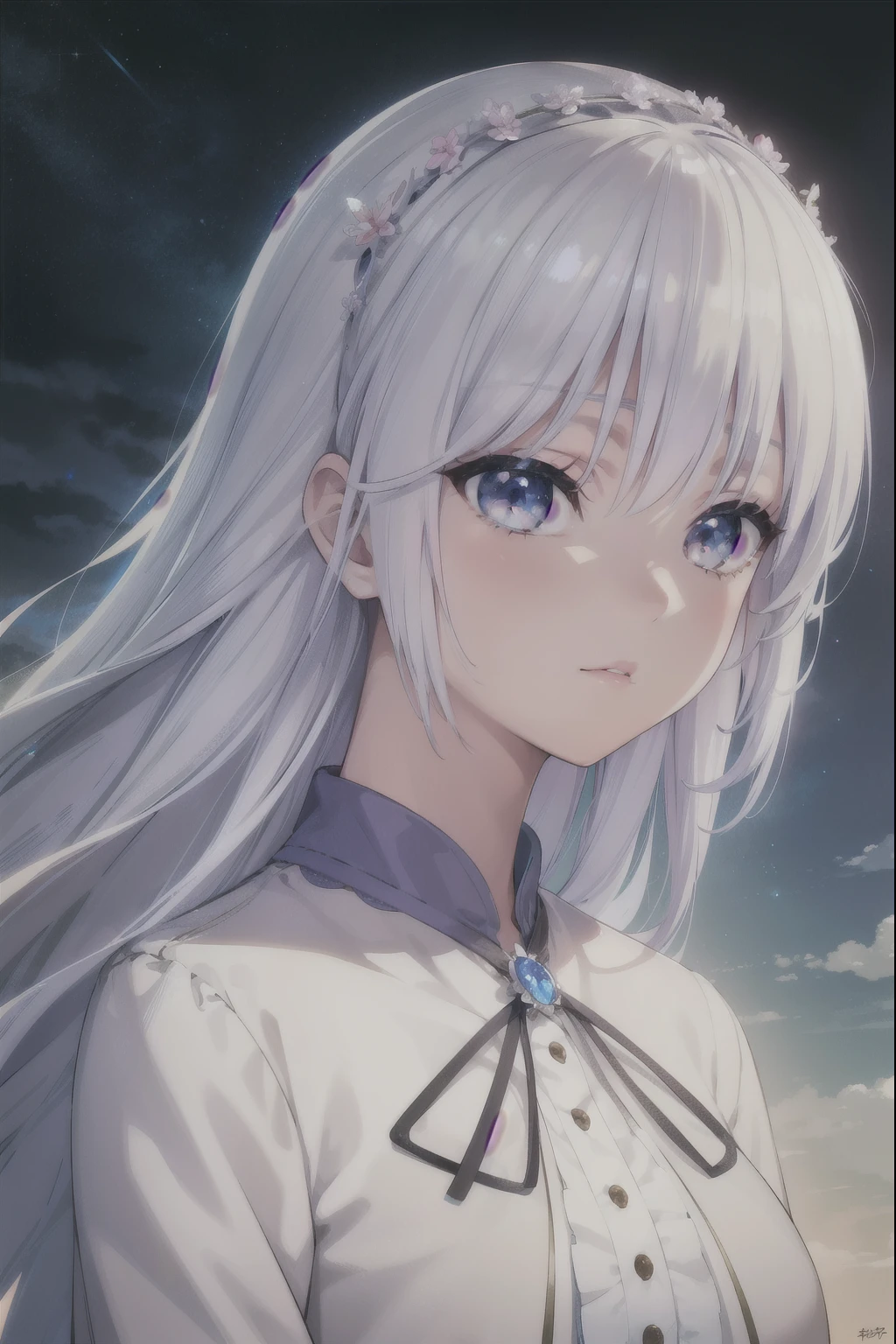  A beautiful young girl with white hair and angelic wings,  highly detailed anime style illustration , 1girl, Detailed facial features, long eyelashes, Flower Crown , elegant pose, cinematic lighting, vibrant colors, Digital Painting, masterpiece, photorealistic, 8K, best quality (masterpiece、 top quality、8K、 High resolution)、a female、( beautiful face、 beautiful face)、 Beautiful God Eyes 、 beautiful lips、 Beautiful nose、 platinum blonde hair 、(The best anime girl)、Sandy beach with forest view 、 A bright night with visible stars .、体 full bodyから神秘的な光の粒子、Mysterious light around the head、jewelry、collar、dress、( full body)、 Highly detailed anime art 、A complete representation、