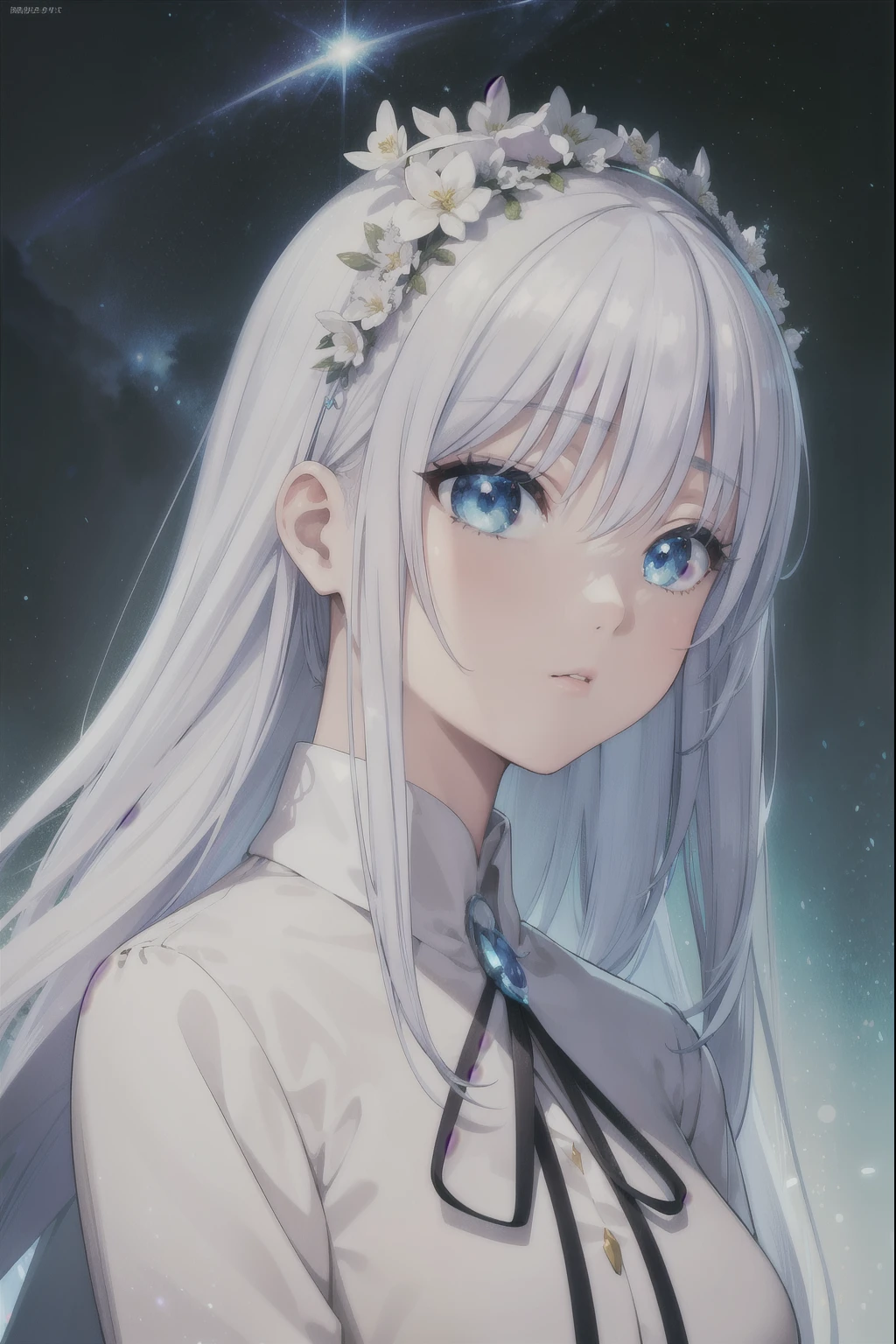  A beautiful young girl with white hair and angelic wings,  highly detailed anime style illustration , 1girl, Detailed facial features, long eyelashes, Flower Crown , elegant pose, cinematic lighting, vibrant colors, Digital Painting, masterpiece, photorealistic, 8K, best quality (masterpiece、 top quality、8K、 High resolution)、a female、( beautiful face、 beautiful face)、 Beautiful God Eyes 、 beautiful lips、 Beautiful nose、 platinum blonde hair 、(The best anime girl)、Sandy beach with forest view 、 A bright night with visible stars .、体 full bodyから神秘的な光の粒子、Mysterious light around the head、jewelry、collar、dress、( full body)、 Highly detailed anime art 、A complete representation、