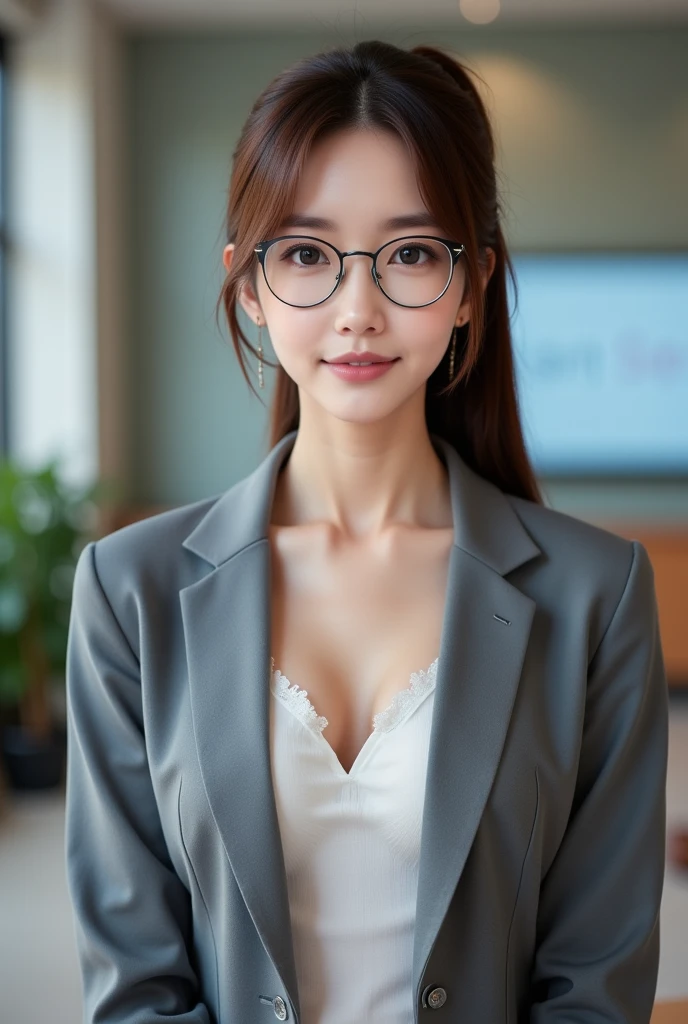 The pieces fly, Highest quality, Realistic, Very detailed, finely, High resolution, 8K デンデ wallpaper, One beautiful woman,, Light brown messy hair, Wearing a business suit, Sharp focus, Perfect dynamic composition, Beautiful and beautiful eyes, Detailed Hair, Detailed Realistic skin texture, smile, Close-up portrait, Model body type、Glasses、Upper body naked、Nipples、((ponytail、Updo, short hair))、Full Body Shot、Small breasts、