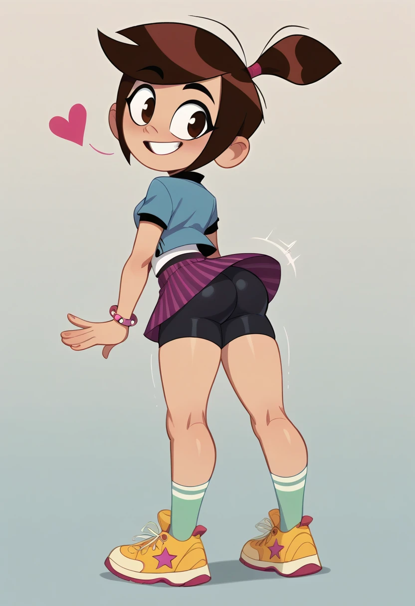 1girl, full body, solo, molly mcgee, brown eyes, brown hair, short ponytail, bracelet, blue jacket, white t-shirt with black hems, purple striped skirt, black bike shorts, white and green socks, pink and yellow sneakers with star decals, looking back rche, butt, cute butt, exposing her black shorts, butt Shaking, twerking, from behind, backside, naughty smile, cute girl, Hearts, heart Background 