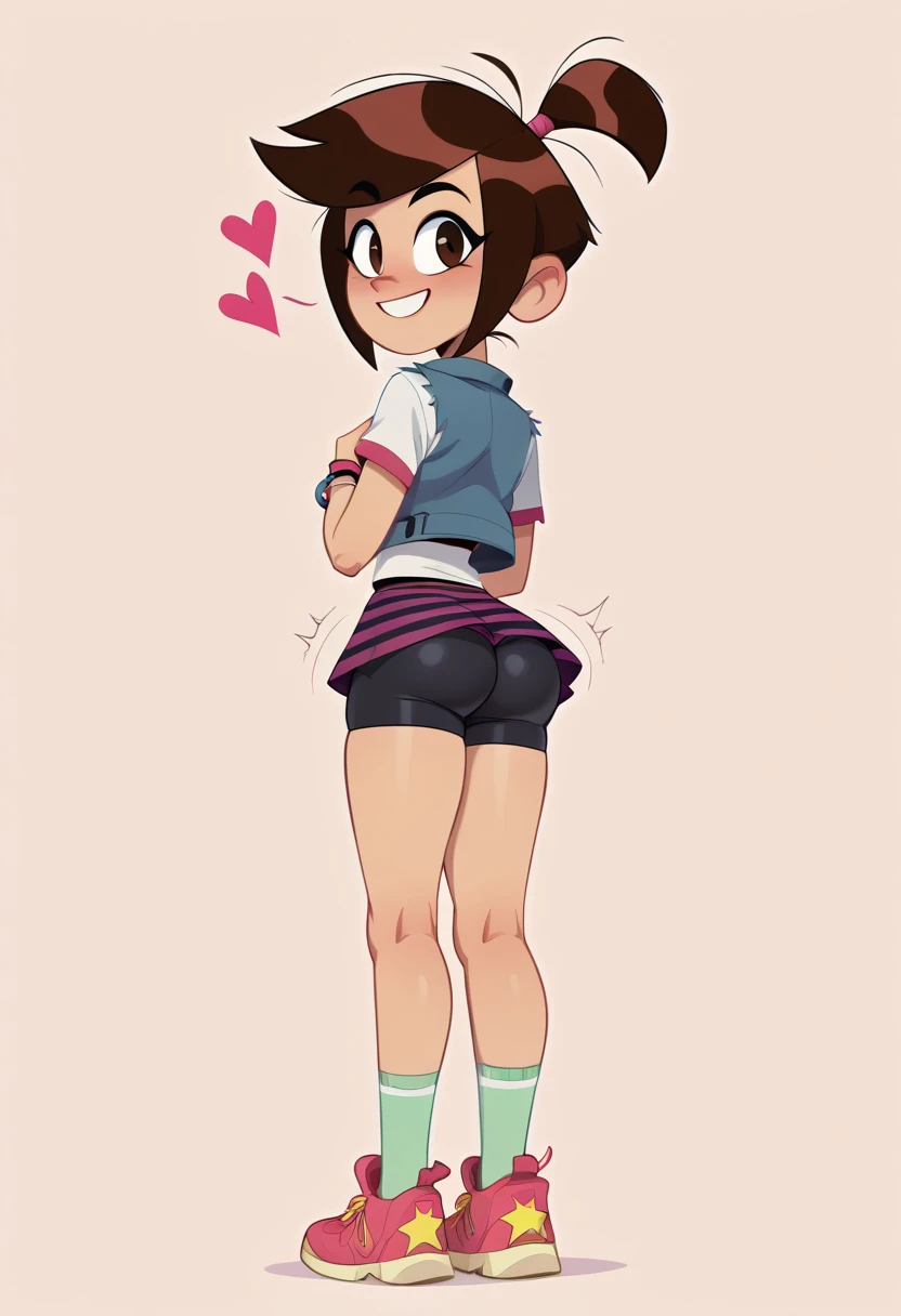 1girl, full body, solo, molly mcgee, brown eyes, brown hair, short ponytail, bracelet, blue jacket, white t-shirt with black hems, purple striped skirt, black bike shorts, white and green socks, pink and yellow sneakers with star decals, looking back rche, butt, cute butt, exposing her black shorts, butt Shaking, twerking, from behind, backside, naughty smile, cute girl, Hearts, heart Background 