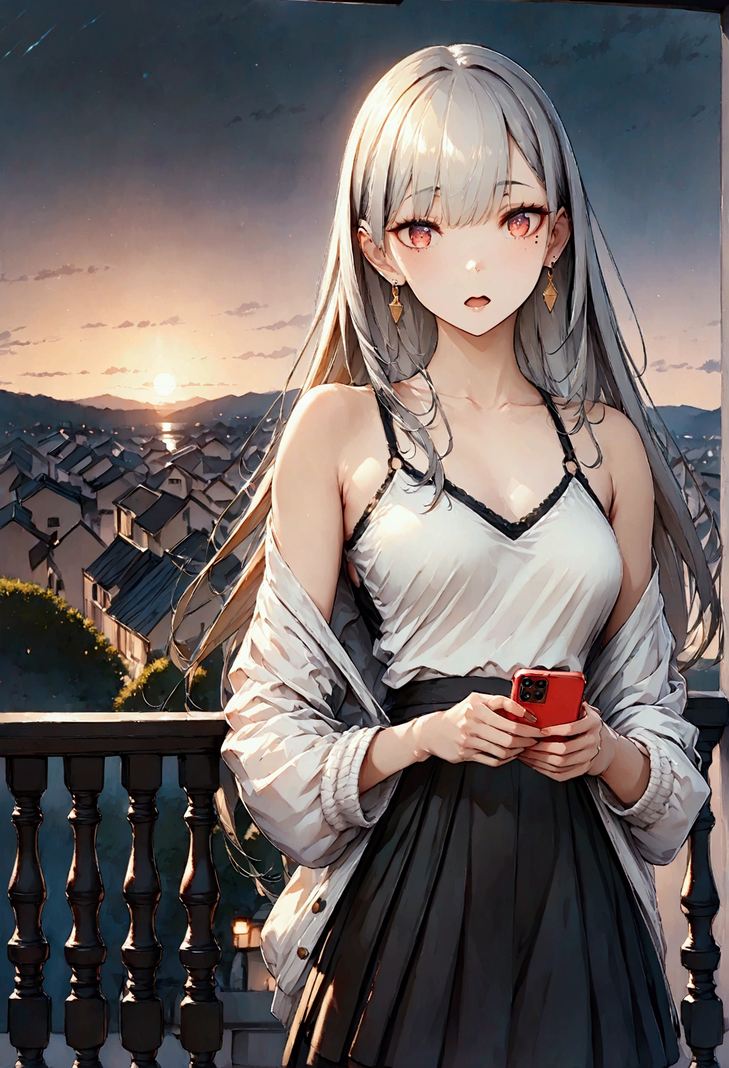 Teenage girl character with grey hair, red glowing eyes, long hair and a mole under her left eye. One girl, Smartphone, Using smartphone, Bare shoulders, Balcony, Collarbone, Knitted sweater, Earrings, Eyebrows visible through hair, Holding in hand, Apartment balcony, Open mouth, Outdoors, Lonely face, Alone, Sunset, Night, Moonlight, Smartphone, Casual outfit, Highly detailed, Elegant and detailed, Adds a dramatic and symbolic element to the scene, Depth of border, Bokeh, Smooth touch, Ultra detailed, High resolution, Ultra detailed, (Best quality, 16K, High resolution, Masterpiece), Muted colors, Vibrant colors, Professional lighting,