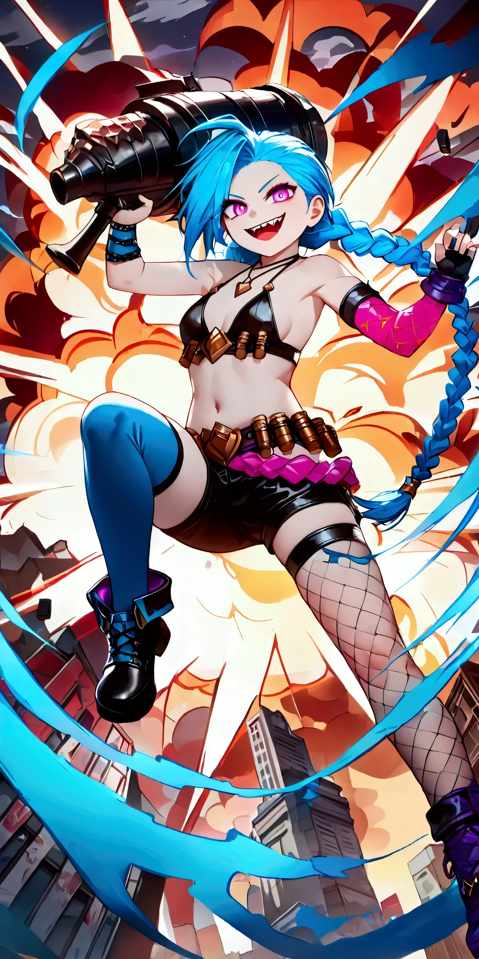 solo,1girl\((jinx\(league of legends\):1.3),long hair, twin braids, bare shoulders, necklace, bikini, bandolier, cleaverage, fingerless gloves, single elbow glove, asymmetrical gloves, bullet waistband, shorts, single thighhigh, fishnets, thigh strap, bandaid on leg, tattoo, bullet,cute, kawaii,(chibi:1.3),hair floating,hair shining brightly,hair messy,purple eyes, pale skin,(dynamic angle:1.4),full body,jump,inthe air,(dynamic pose:1.3),(vivd color:1.3),holding (shark rocket launcher),(evil smile:1.3),sharp teeth,tongue\). BREAK .background\((big explosion:1.3),(vivid color:1.3),in city,buildings breaking down,graffiti\).(from front:1.8),(from below).landscape.. BREAK .background\((big explosion:1.3),(vivid color:1.3),in city,buildings breaking down,graffiti\).(from front:1.8),(from below).landscape. BREAK .quality\(8k,wallpaper of extremely detailed CG unit, high resolution, top-quality, top-quality real texture skin, hyper realistic, increase the resolution, RAW photos, best quality, highly detailed, the wallpaper,golden ratio,high saturation realism, vibrant colors, dramatic lighting, persuasive storytelling, atmospheric scenery, captivating visuals, intricate details, strong emotions,dreamlike world\).(vivid color:1.3).(neon color:1.3)