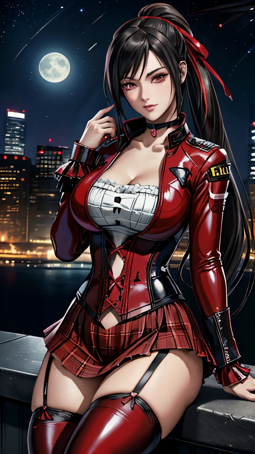 red eyes, (highest quality, masterpiece painting:1.3), immature woman, , (half body shot), masterpiece, ultra high resolution, (Photoreal:1.0), black hair, ponytail, straight hair, beautiful shining hair, white and shining skin, ((Ultra realistic details)), octane rendering, highly detailed face, (big breasts:0.8), complete pilotsuit, adjusted pilotsuit, (red pilotsuit),cleavage, perfect body, soft skin, anime face, perfect face, perfect eyes, looking at the viewer, smart, deep in the night, Moon Night, The rooftop of a building overlooking the city, Night sky with the moon shining, photon mapping, Radio City, ((fantastic night)), ((outdoors)), sharp focus, intricate details, professional artwork, (bright colors:1.1), bright colors, diffused lighting, digital blending, ultra-definition body, ultra detail hair, super detailed face, trending on pixiv, top button open, Cute gaze, compensate, perfect lips, perfect compensate, Ultra-precision coating,  (glare :1.0), BREAK ((gothic ****ta, cute punk fashion):1.3), (wear a long sleeve red latex jacket over a black corset:1.4), (collarbone:1.3), (red A-line multilayer tiered miniskirt with ruffles:1.3), (red latex overknee socks with garter belt:1.3), (red hight platform boots with heels:1.2), (choker with red and black plaid ribbon:1.3),