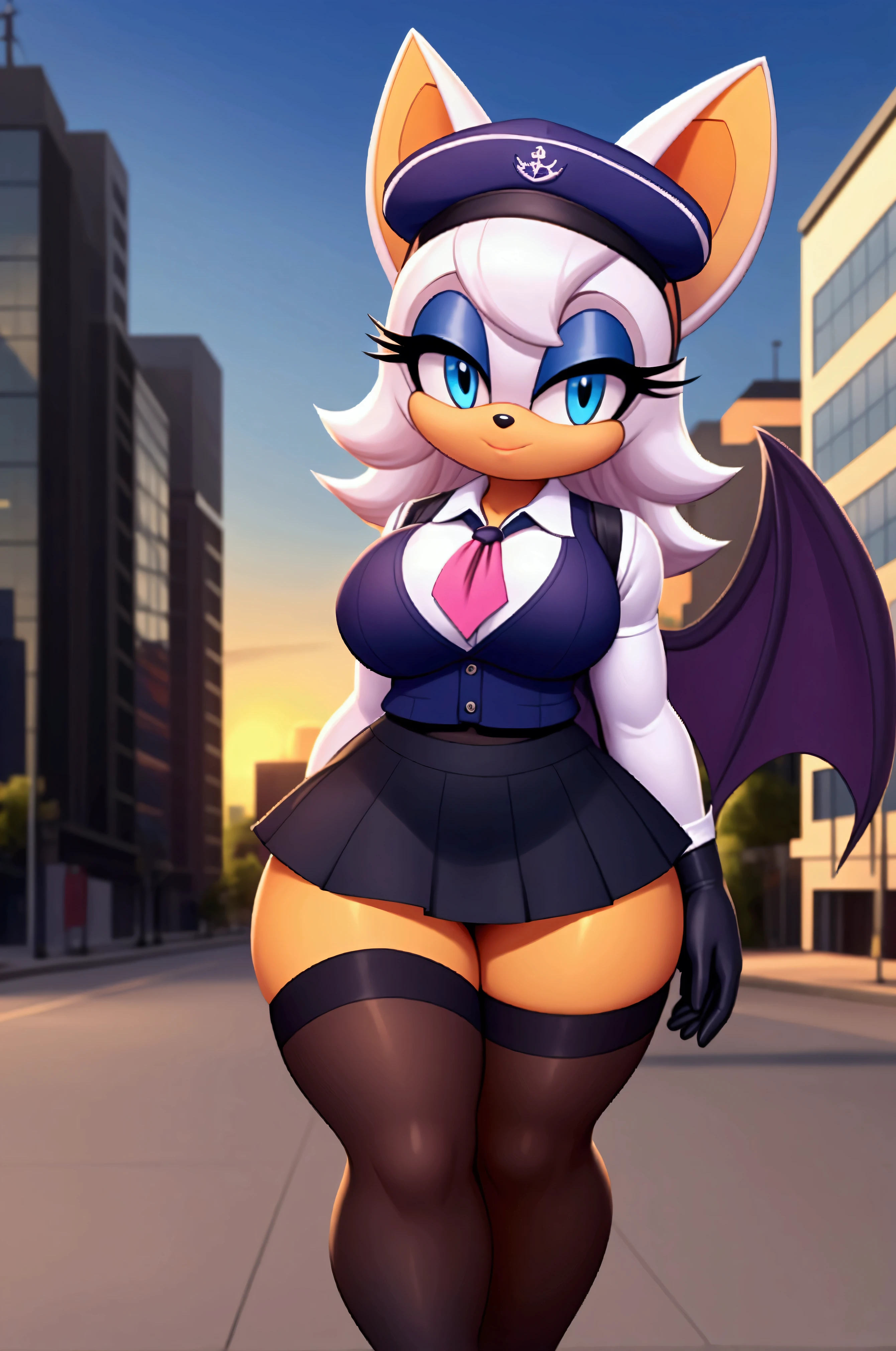 Rouge the bat, blue eyes ,schoolgirl vest, sailor hat , long hair ,,schoolgirl skirt, black stockings with straps,,  black gloves , small hips , large breasts,small hip,  Big Thighs,   walking on the street ,a lot of buildings in the background, at sunset  