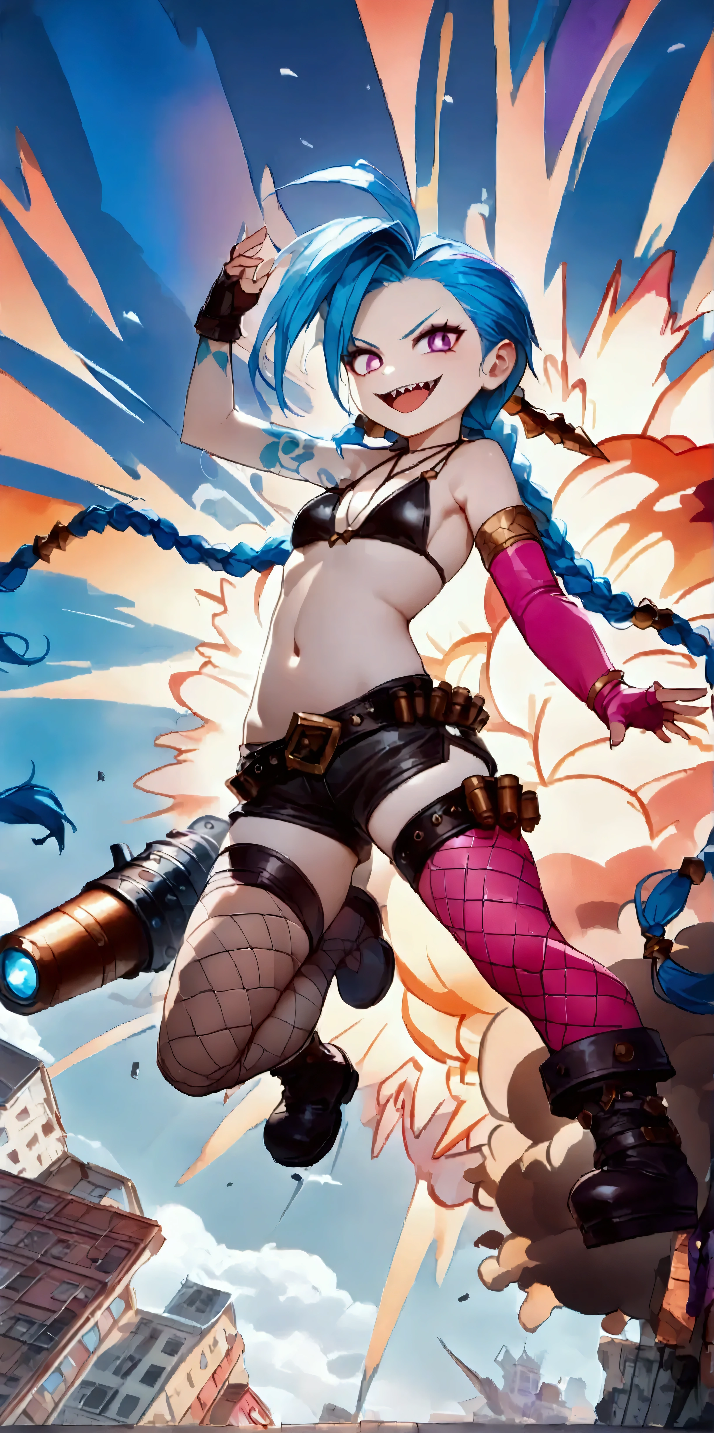 solo,1girl\((jinx\(league of legends\):1.3),long hair, twin braids, bare shoulders, necklace, bikini, bandolier, cleaverage, fingerless gloves, single elbow glove, asymmetrical gloves, bullet waistband, shorts, single thighhigh, fishnets, thigh strap, bandaid on leg, tattoo, bullet,cute, kawaii,(chibi:1.3),hair floating,hair shining brightly,hair messy,purple eyes, pale skin,(dynamic angle:1.4),full body,jump,inthe air,(dynamic pose:1.3),(vivd color:1.3),holding (shark rocket launcher),(evil smile:1.3),sharp teeth,tongue\). BREAK .background\((big explosion:1.3),(vivid color:1.3),in city,buildings breaking down,graffiti\).(from front:1.8),(from below).landscape.. BREAK .background\((big explosion:1.3),(vivid color:1.3),in city,buildings breaking down,graffiti\).(from front:1.8),(from below).landscape. BREAK .quality\(8k,wallpaper of extremely detailed CG unit, high resolution, top-quality, top-quality real texture skin, hyper realistic, increase the resolution, RAW photos, best quality, highly detailed, the wallpaper,golden ratio,high saturation realism, vibrant colors, dramatic lighting, persuasive storytelling, atmospheric scenery, captivating visuals, intricate details, strong emotions,dreamlike world\).(vivid color:1.3).(neon color:1.3)