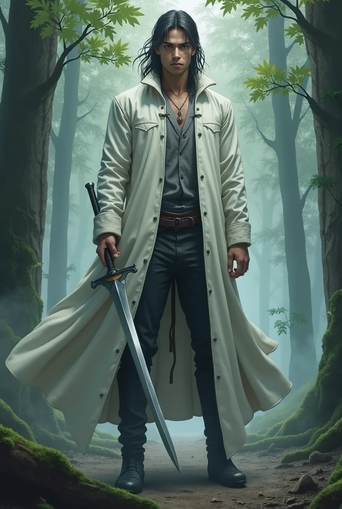 There is a man walking through a forest, He carries a katana, Wearing a hooded cloak. (Assassin) (Solo)