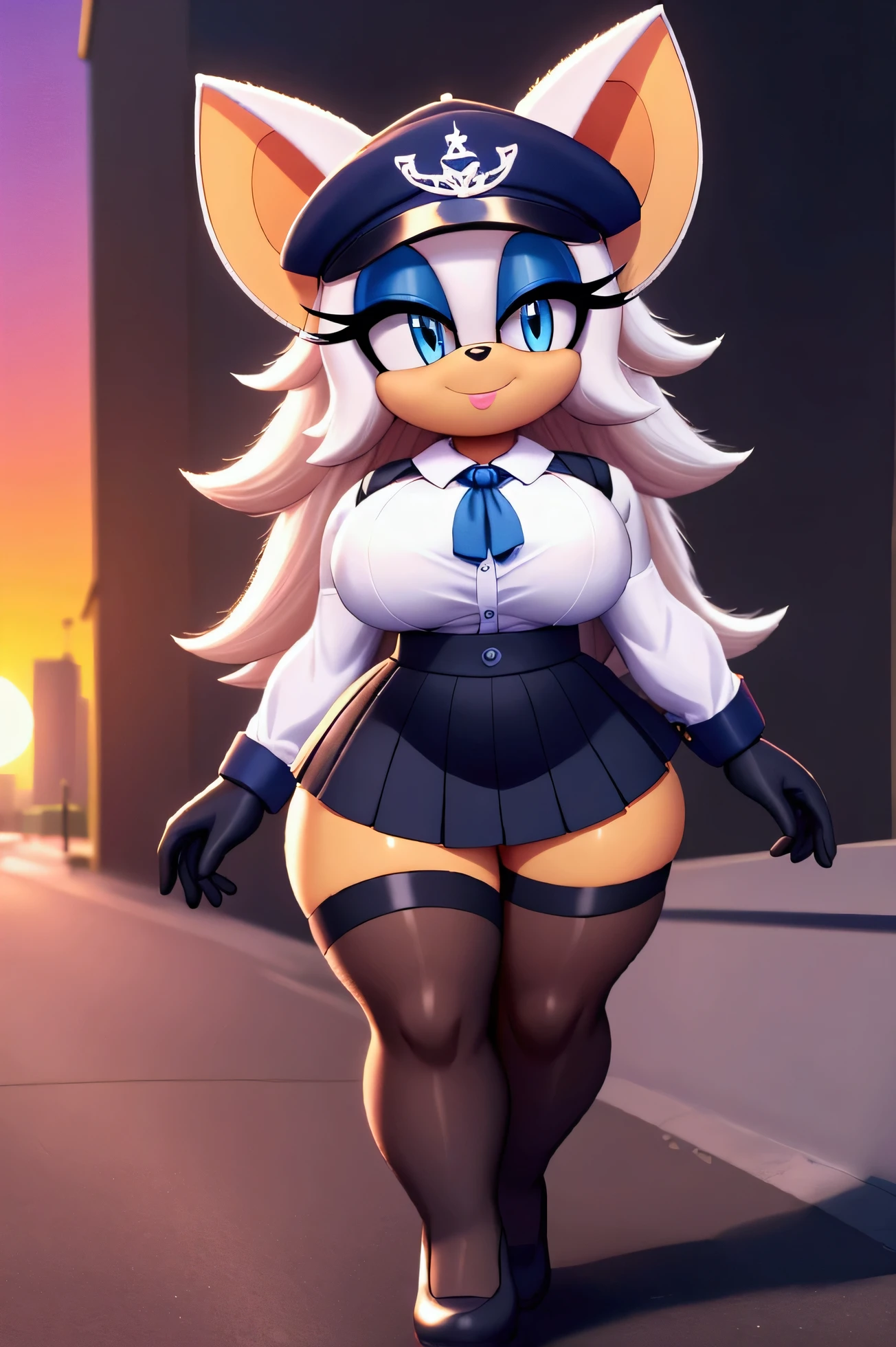 Rouge the bat, blue eyes ,schoolgirl vest, sailor hat , long hair ,,schoolgirl skirt, black stockings with straps,,  black gloves , small hips , large breasts,small hip,  Big Thighs,   walking on the street ,a lot of buildings in the background, at sunset  