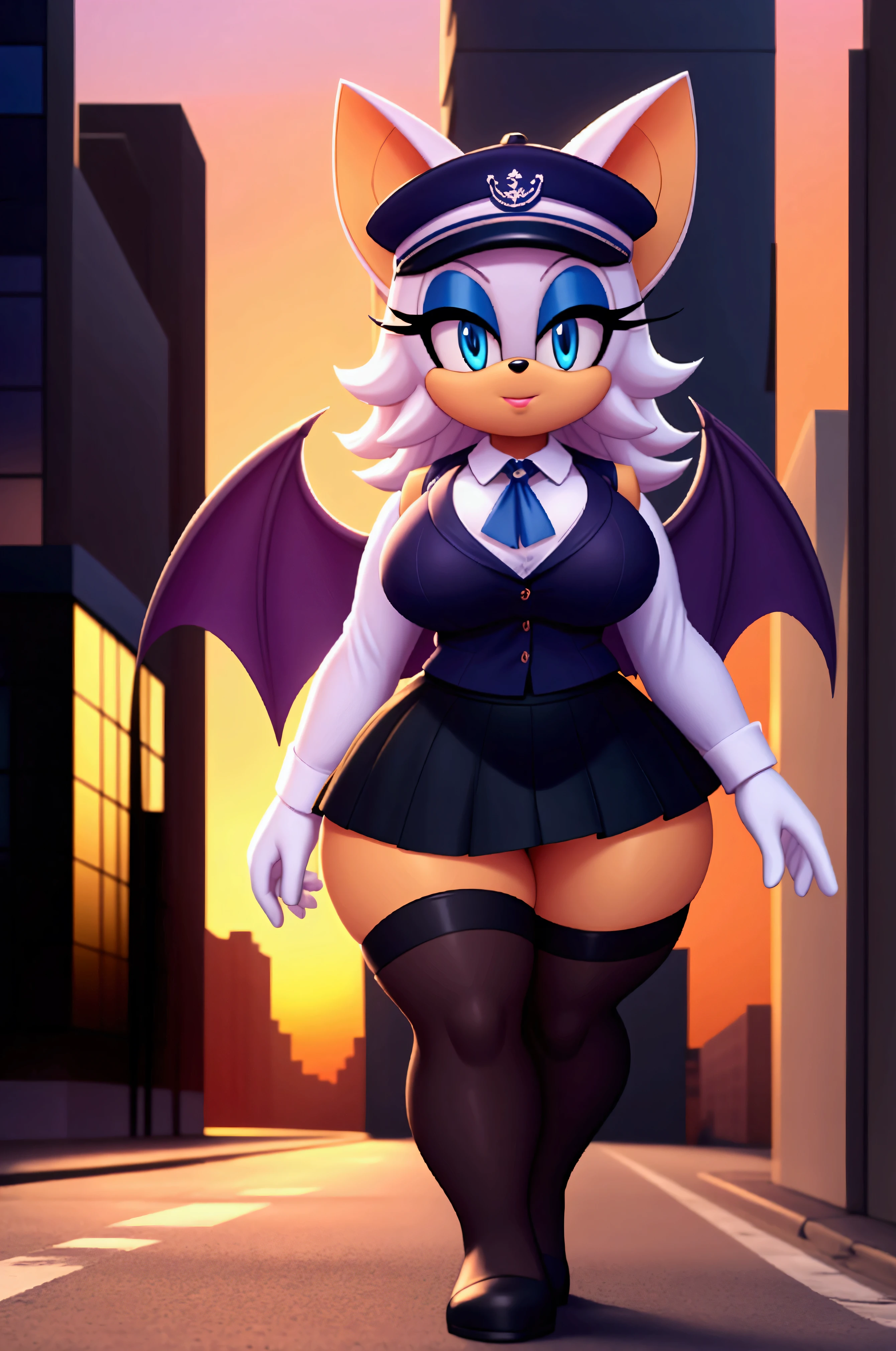 Rouge the bat, blue eyes ,schoolgirl vest, sailor hat , long hair ,,schoolgirl skirt, black stockings with straps,,  black gloves , small hips , large breasts,small hip,  Big Thighs,   walking on the street ,a lot of buildings in the background, at sunset  