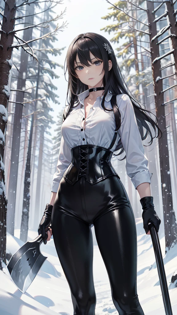 masterpiece, Superior image quality, high resolution, 4k image,photo and gross, photorealistic, 1 teenage girl, {Alone},{{{vagina}}}, beautiful face, long black hair, Red eyes, very detailed eyes, pink cheeks, shy expression, glasses, choker:1.6, (long sleeve white collar buttoned shirt), black gloves, gloves covering hands, (holding an ax in the right hand), (black leather corset), (shiny black leggings), sensual lips , evening de invierno, show details in the eyes, view from front, looking at the viewer, snowy trail, Snowy forest, evening, Atmosphere, snow