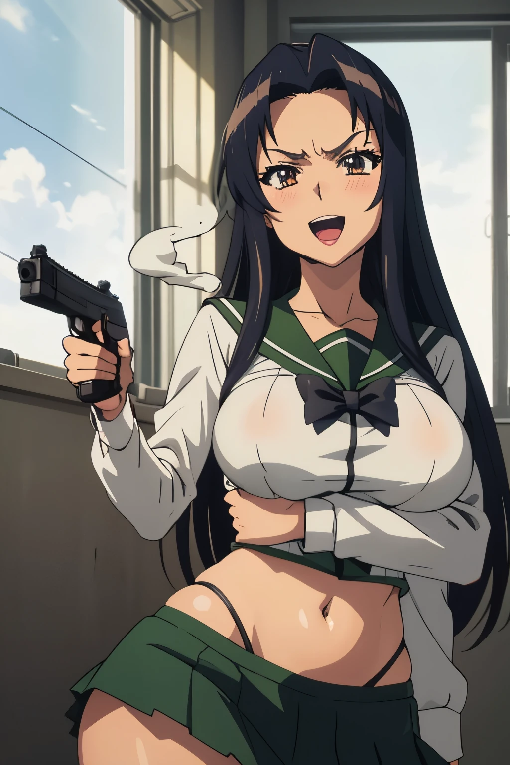 (safe:1.10), best quality, masterpiece, highres, solo,  anime_style, 23, black hair, long hair, large breast, blush, lipstick, Hot girl, baddie, staring, glaring, bad attitude, mean girl, crazy, smoking, sensual, attractive, masterpiece, best quality, highly detailed, a anime girls in sailor uniforms with a gun posing for a picture,
evil smile, smile, open mouth,black_serafuku, ecchi anime style, anime girls , (nsfw) not safe for work,
ecchi style, ecchi, shipgirls, digital anime art!!, high school girls, holding a gun, hold a gun, anime style 4
k, micro skirt, exposed belly, exposed navel, exposed midriff, holding pistol,underboob,
exposed lower belly,school, classroom