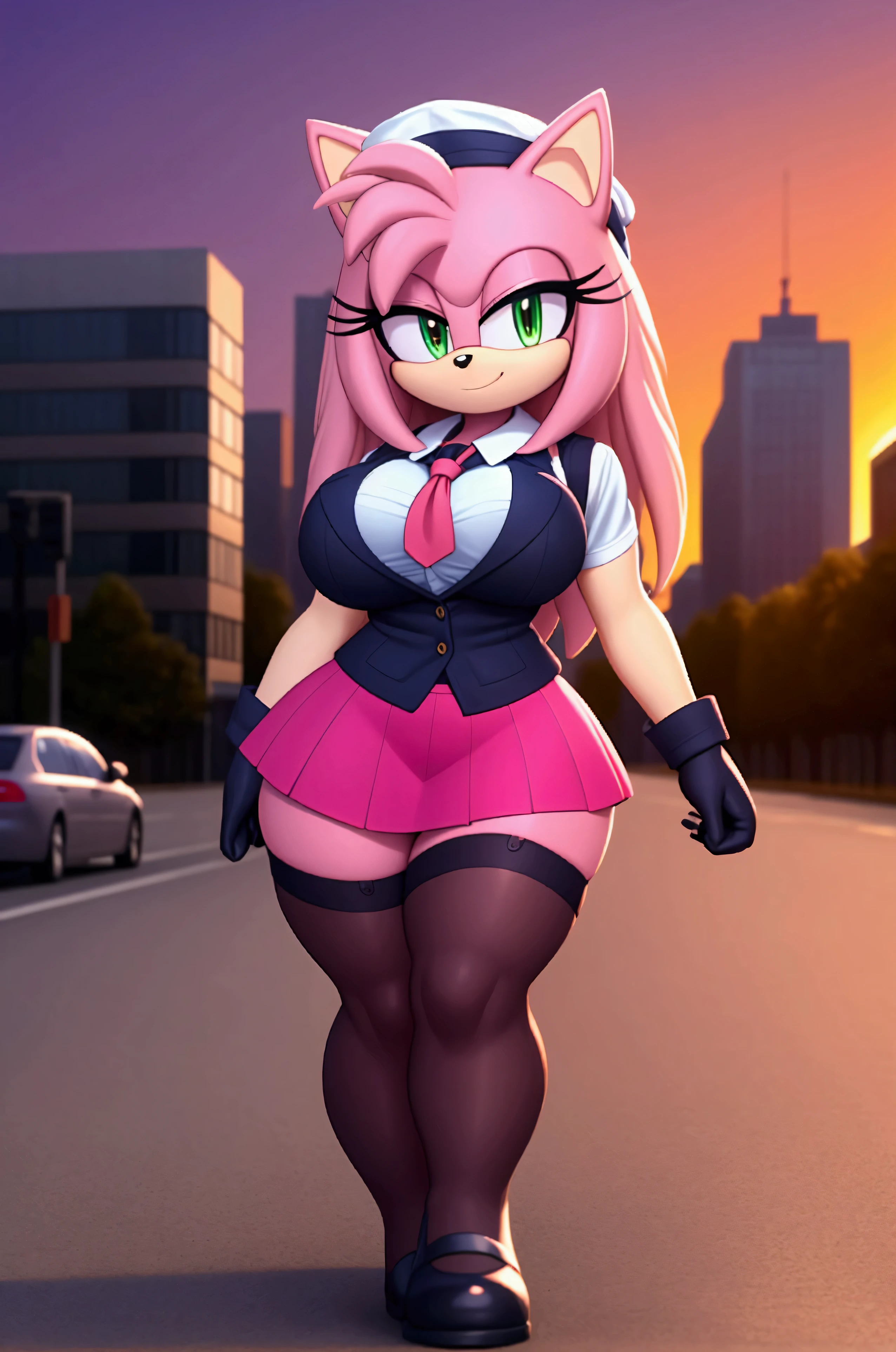 Amy rose,,schoolgirl vest, sailor hat , long hair ,,schoolgirl skirt, black stockings with straps,,  black gloves , small hips , large breasts,small hip,  Big Thighs,   walking on the street ,a lot of buildings in the background, at sunset  