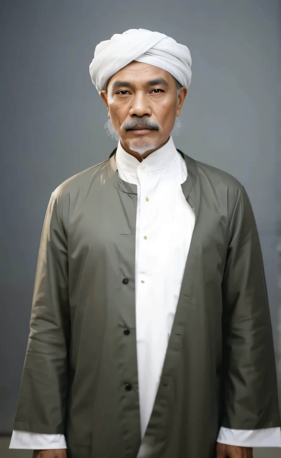 Make this photo look realistic and detailed, a man in a white outfit and hat with a white coat, an arabic,  a colorized photo, inspired by Abdur Rahman Chughtai, colorized photograph, colorized photo, he is about 8 0 years old, he is about 7 0 years old, uncle aloysius, dressed in an old white coat, very detailed potrait, realistic portrait photo, profile portrait, very detailed face, very realistic face, very perfected face, very detailed clothes, very realistic clothes, very perfected clothes.