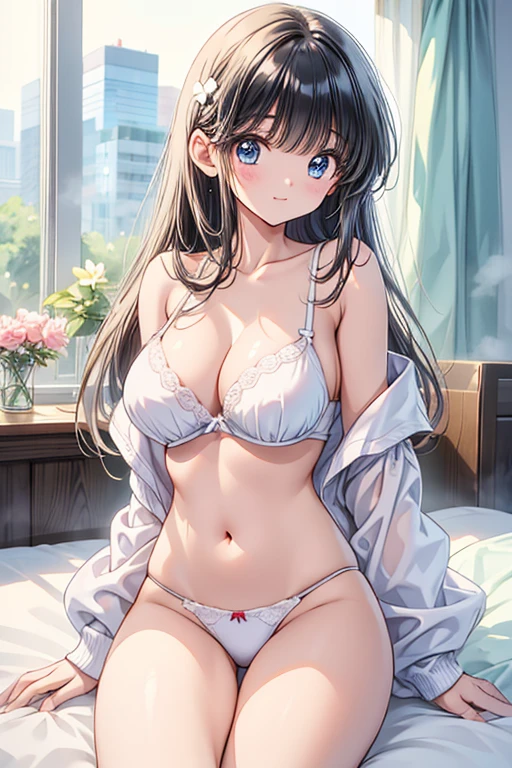 Big Breasts、  white panties 、 white bra、Long Hair、 straight hair