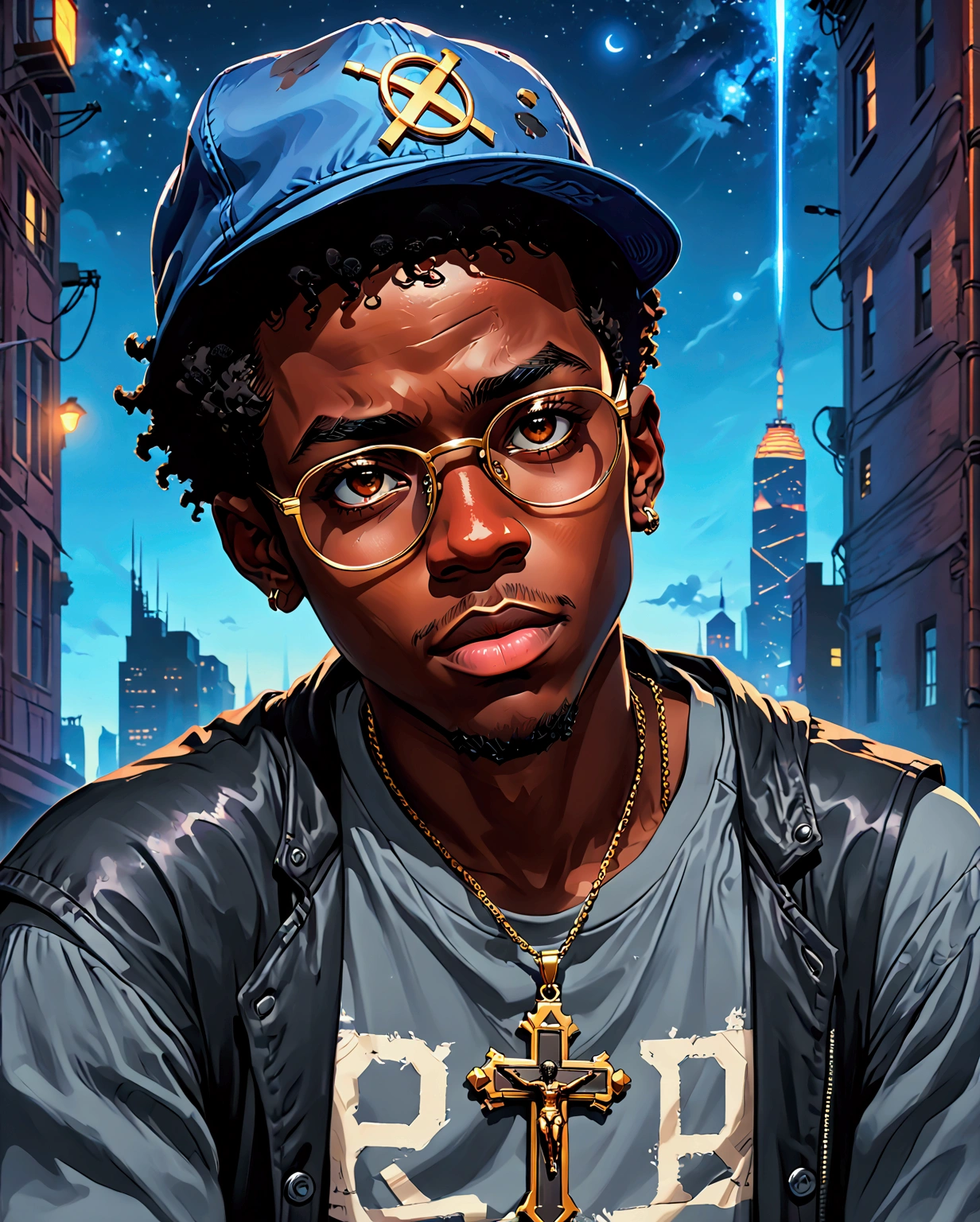 (foco frontal), (8k, 4k, intricate),(closeup-shot:1), (highly detailed:1.2),(detailed background:1.2, city background, night time), arafed man wearing a blue hat and glasses with a cross on his chest, black teenager who looks like tyler the creator, white shirt with blue sleeves devadas, teddy fresh, 2 1 savage, sakuga gunplay, riyahd cassiem, taken in the early 2020s, high quality portrait  plump lip(smiling), a teen black survivor, ( ( dark skin ) ), post-apocalyptic aesthetic ( ( bit flip | god of ai art ) ), #pixelart:3, floating!!! in a nebula, inspired by Rajmund Kanelba, afro - futurist style, inspired by Greg Staples, post-apocalyptic, jet black hair, dark grey tank top shirt, an Close up of a handsome male wearing apocalypstic streetwear, studio trigger anime artstyle,,, Black man of Asian descent, Young African Asian)